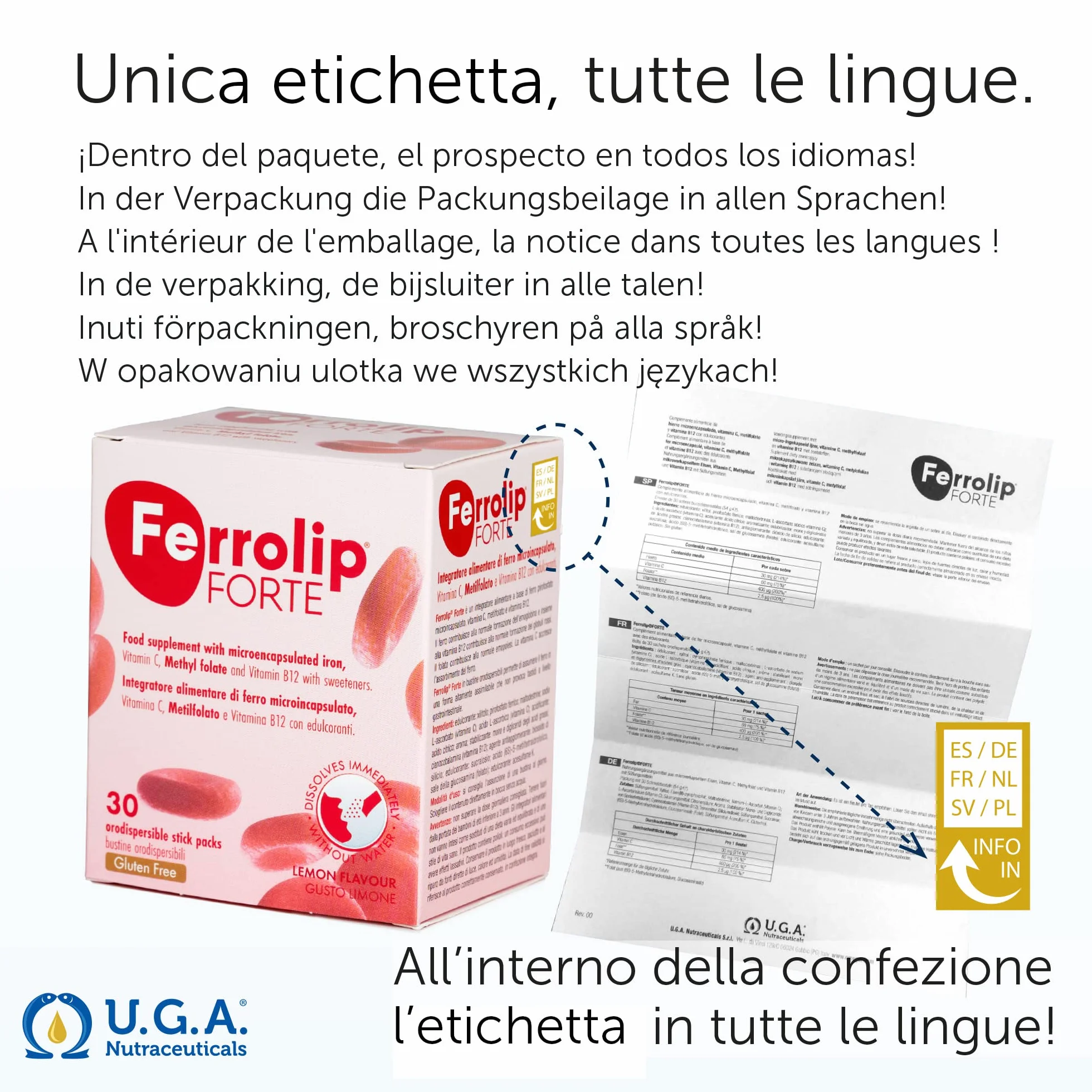 Ferrolip Forte Integratore Ferro e Acido Folico (30 Bustine Orosolubili al Limone) - Senza Fastidi Gastrointestinali - Privo di Sapore Metallico - Con Vitamina C e B12