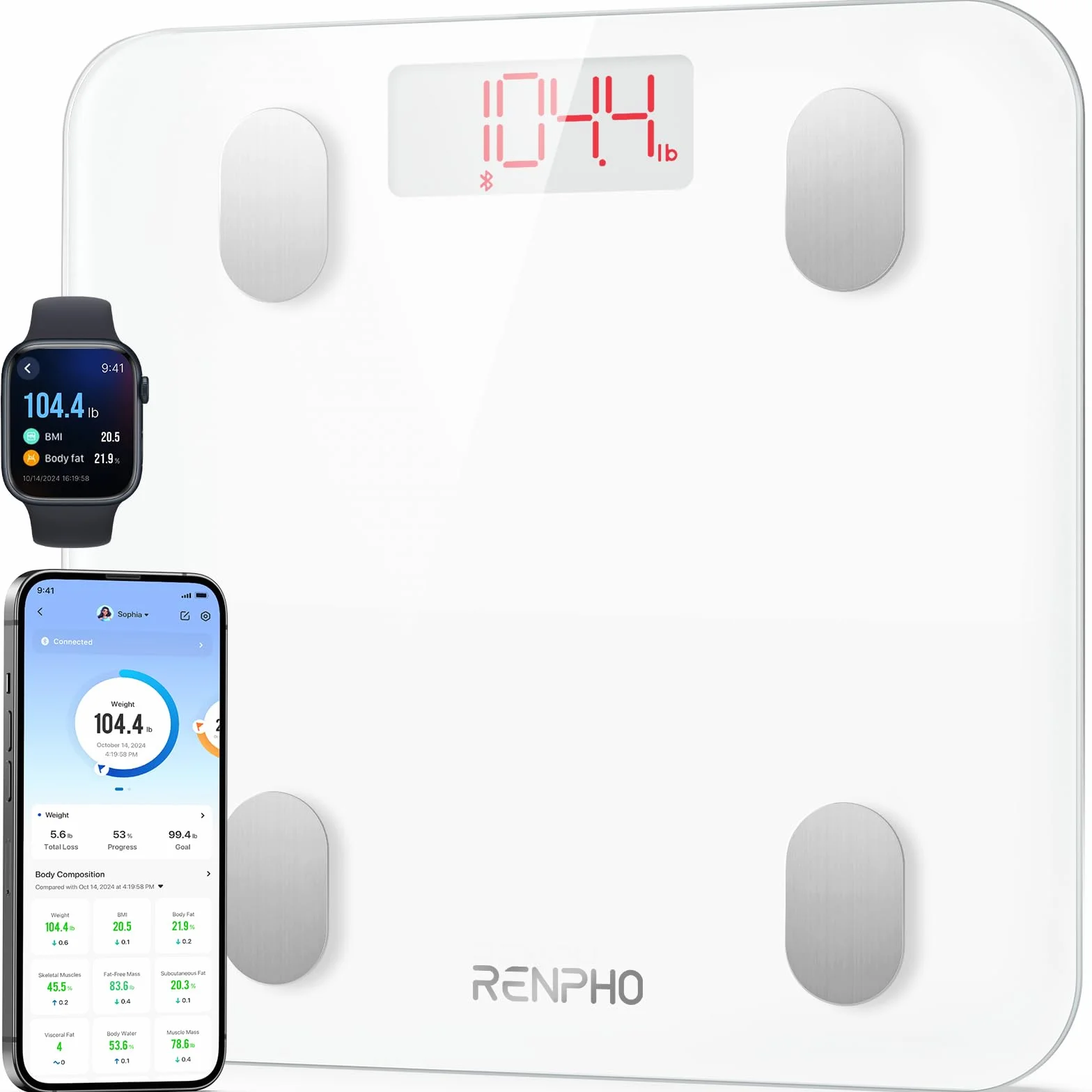 RENPHO Bilancia Pesapersone Digitale Intelligente Bluetooth, 13 Funzioni, Analisi Composizione Corporea, Bianca