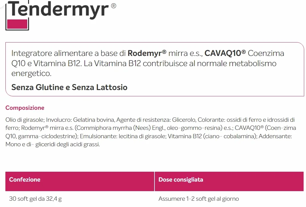 Revalma Tendermyr 30 Soft Gel - Integratore Alimentare con Rodermy mirra e.s.- CAVAQ10 (coenzima Q10) - Vitamina B12