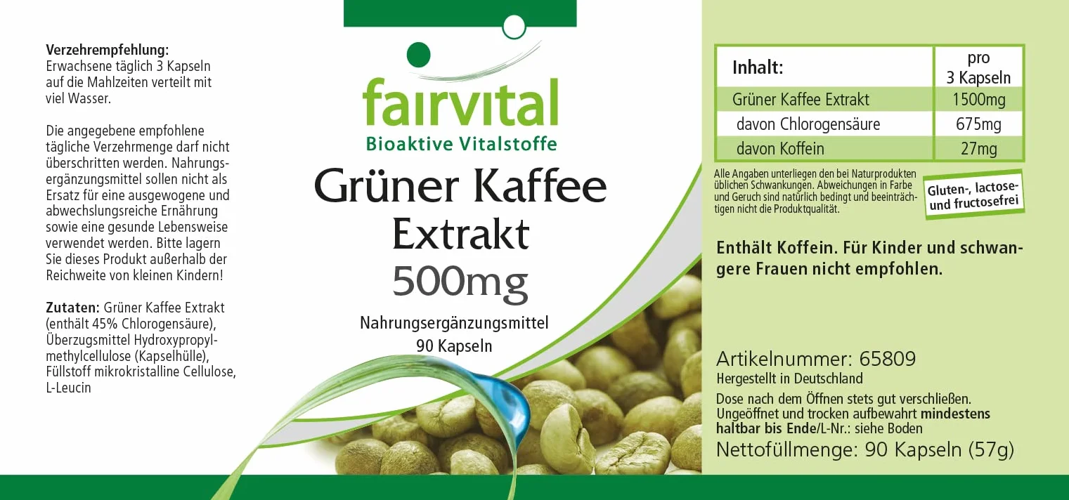 Fairvital Estratto di caffè verde 500 mg 90 capsule alto dosaggio standardizzato 45% acido clorogenico vegano