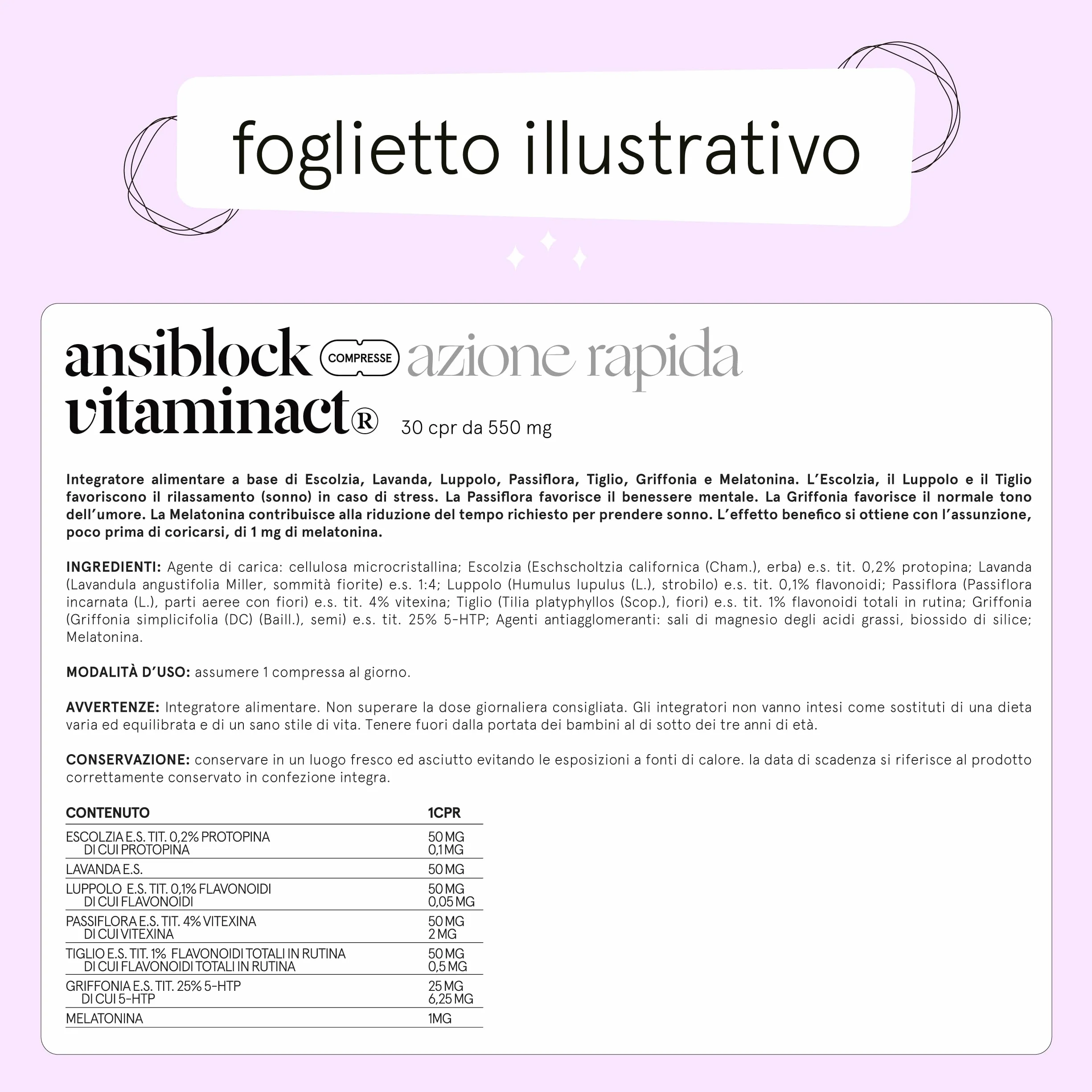 Ansiblock Integratore Ansia Azione Rapida con Passiflora Griffonia Melatonina Escolzia