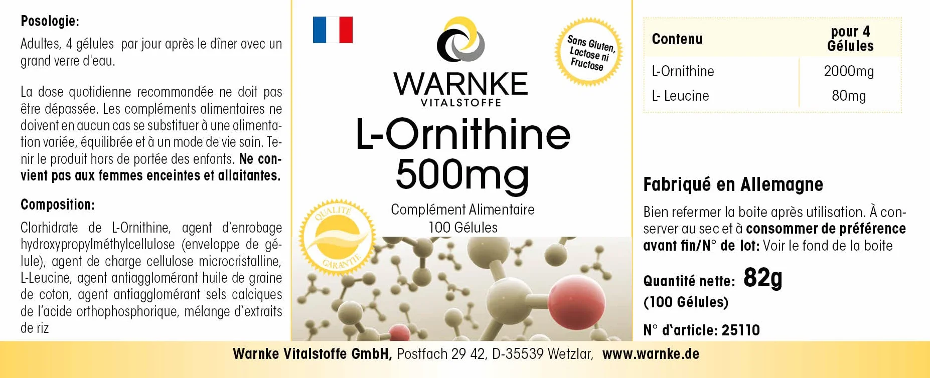Warnke Vitalstoffe L Ornitina 500mg 100 Capsule Vegan