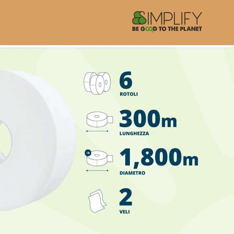 Papernet Simplify Carta Igienica Maxi Jumbo 6 Rotoli 300m 2 Veli 7.830 Servizi 8,6x23cm Goffratura Micro Bianca
