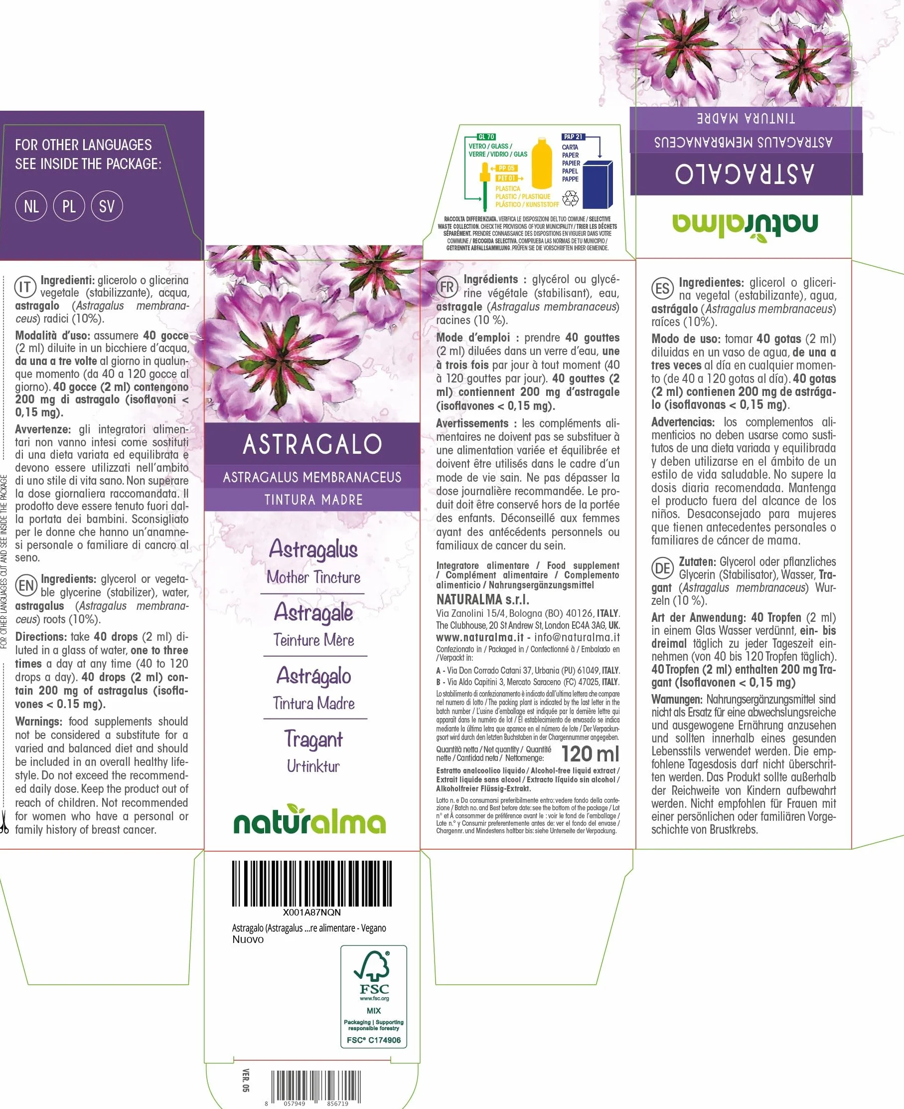 Naturalma Astragalo Tintura Madre analcoolica 120 ml Integratore alimentare Vegano