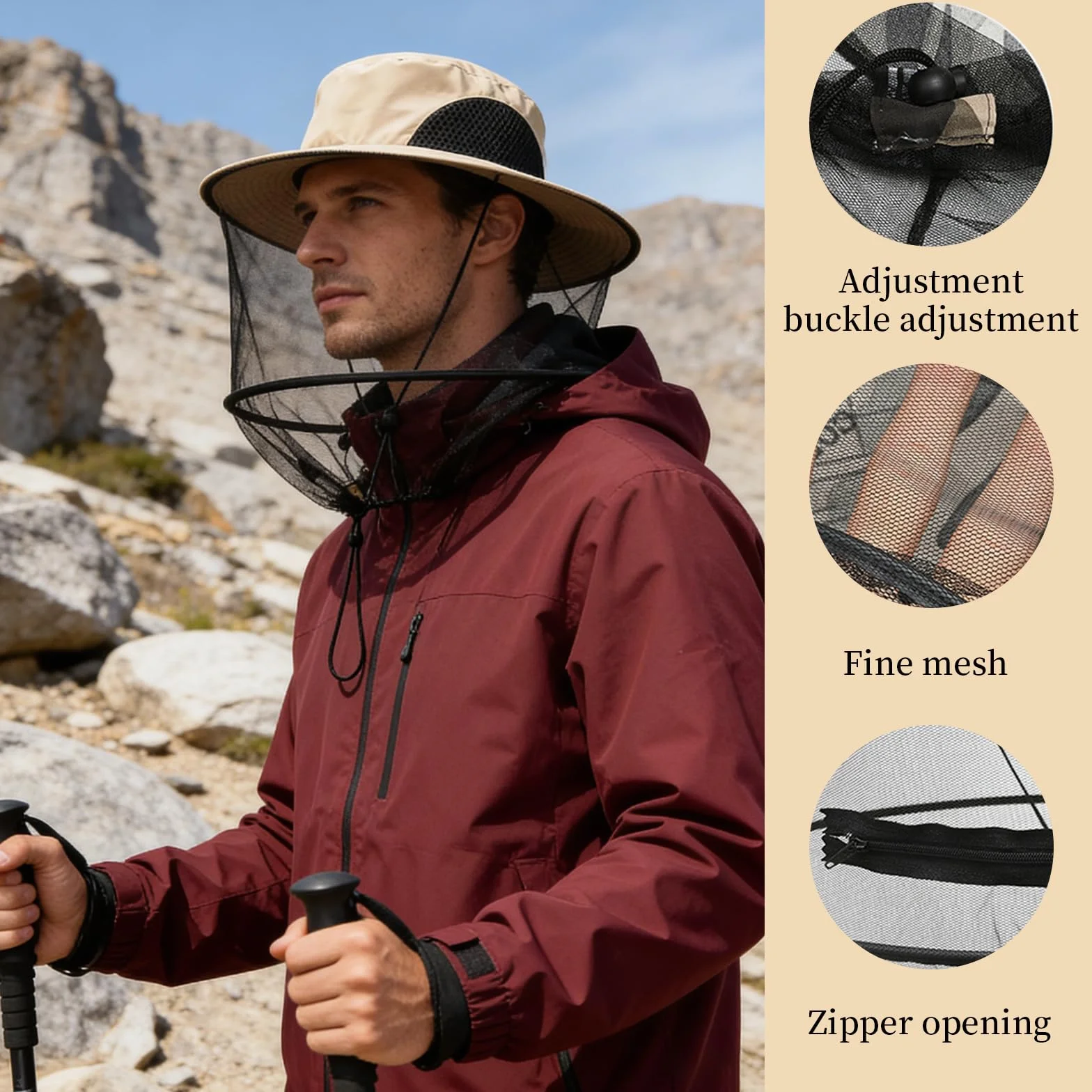 Cappello Anti Moscerini Pieghevole Zanzariera Asciugatura Rapida con Retina Insetti per Escursioni Campeggio Apicoltura Pesca (Beige)