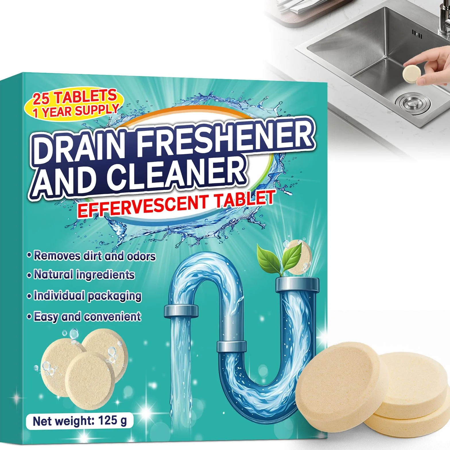 Pastiglie Deodorante Bagno Elimina Odori Scarichi, 25 Compresse per WC e Lavandini