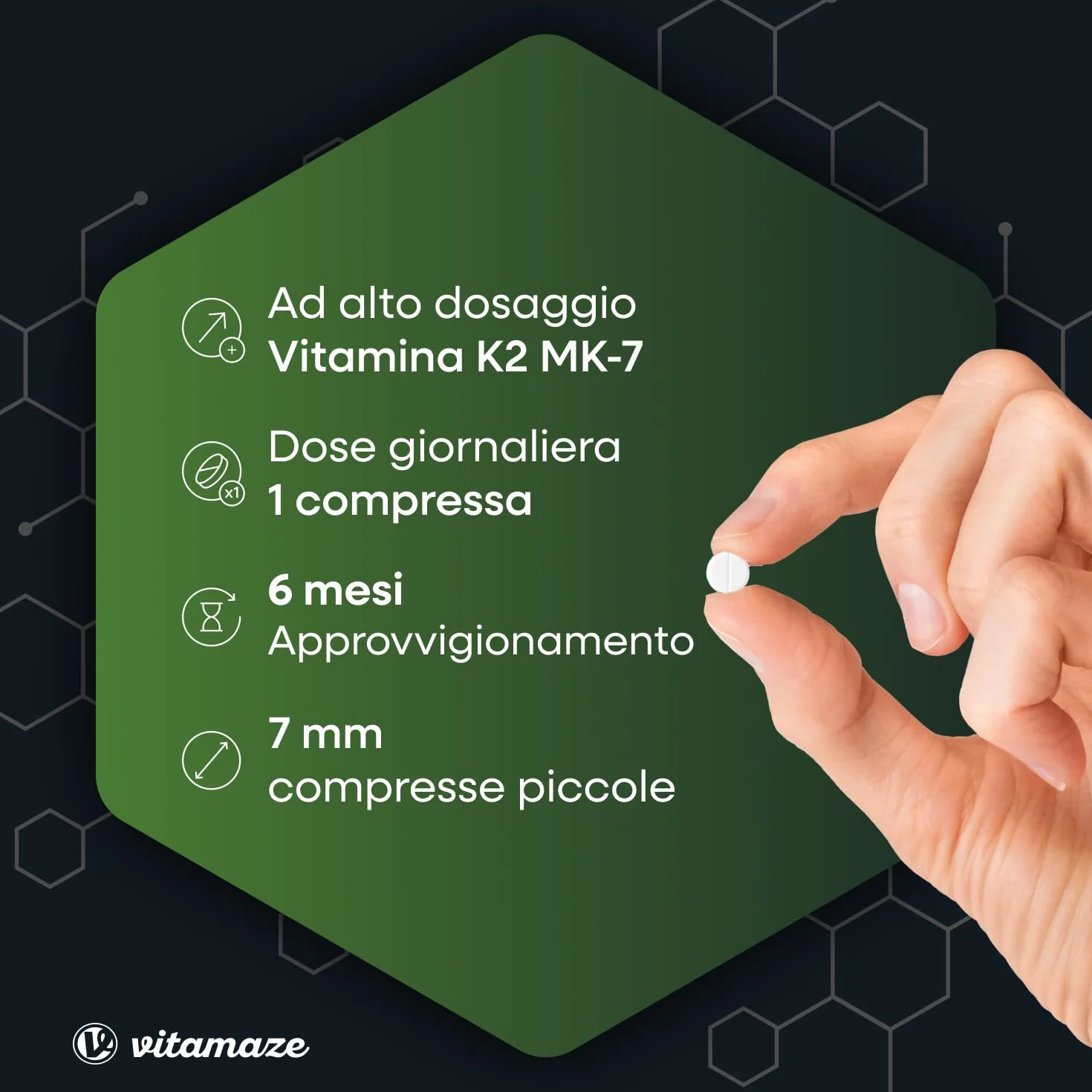 Vitamaze Vitamina K2 MK-7 200 mcg All Trans 100% Alto Dosaggio 180 Microcompresse Vegan