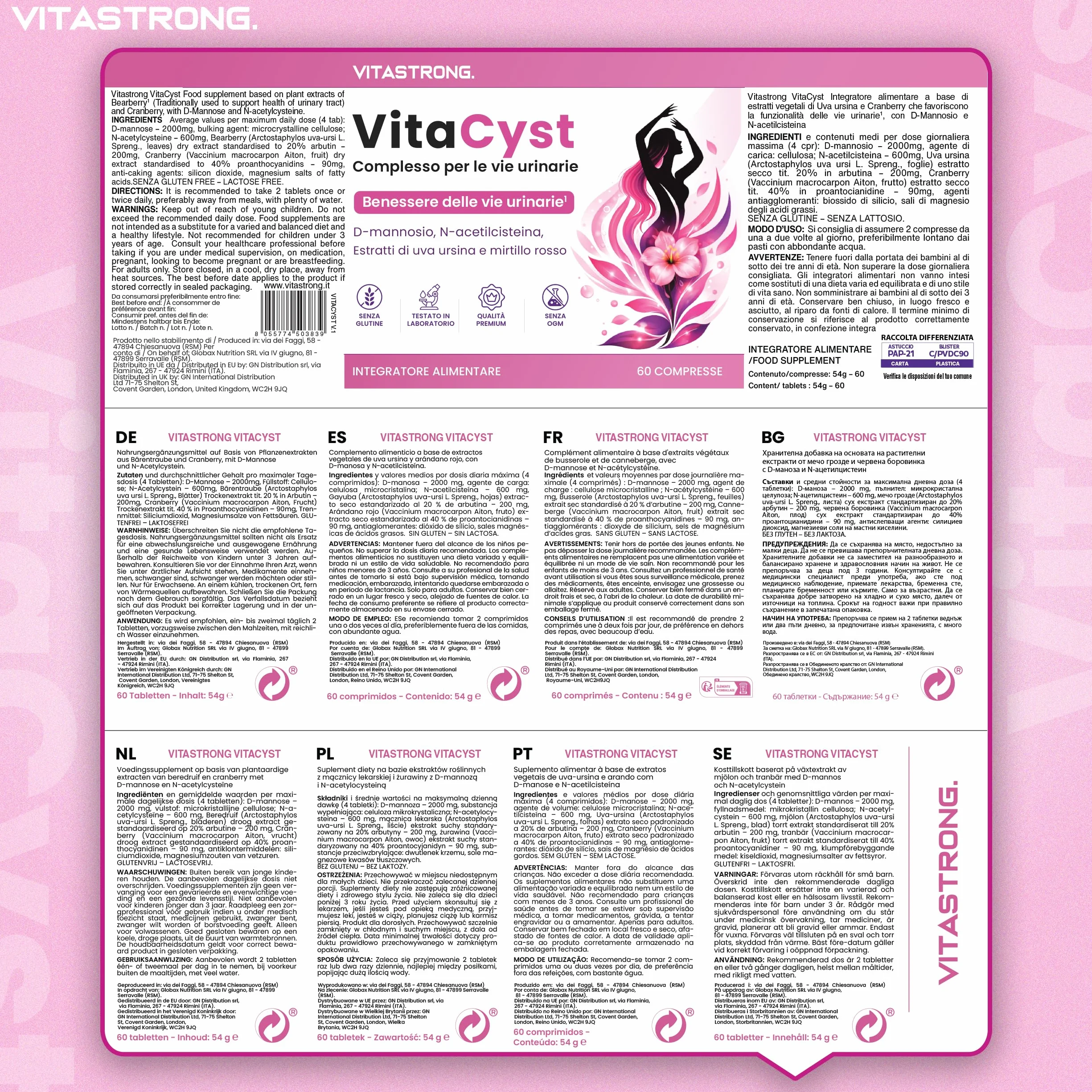 VitaCyst, D Mannosio Puro con NAC N-Acetil-Cisteina, Estratti di Mirtillo Rosso (Cranberry) e Uva Ursina Vegan Integratore Alimentare Vie Urinarie Donna, 60 Compresse Senza Glutine, Lattosio, OGM