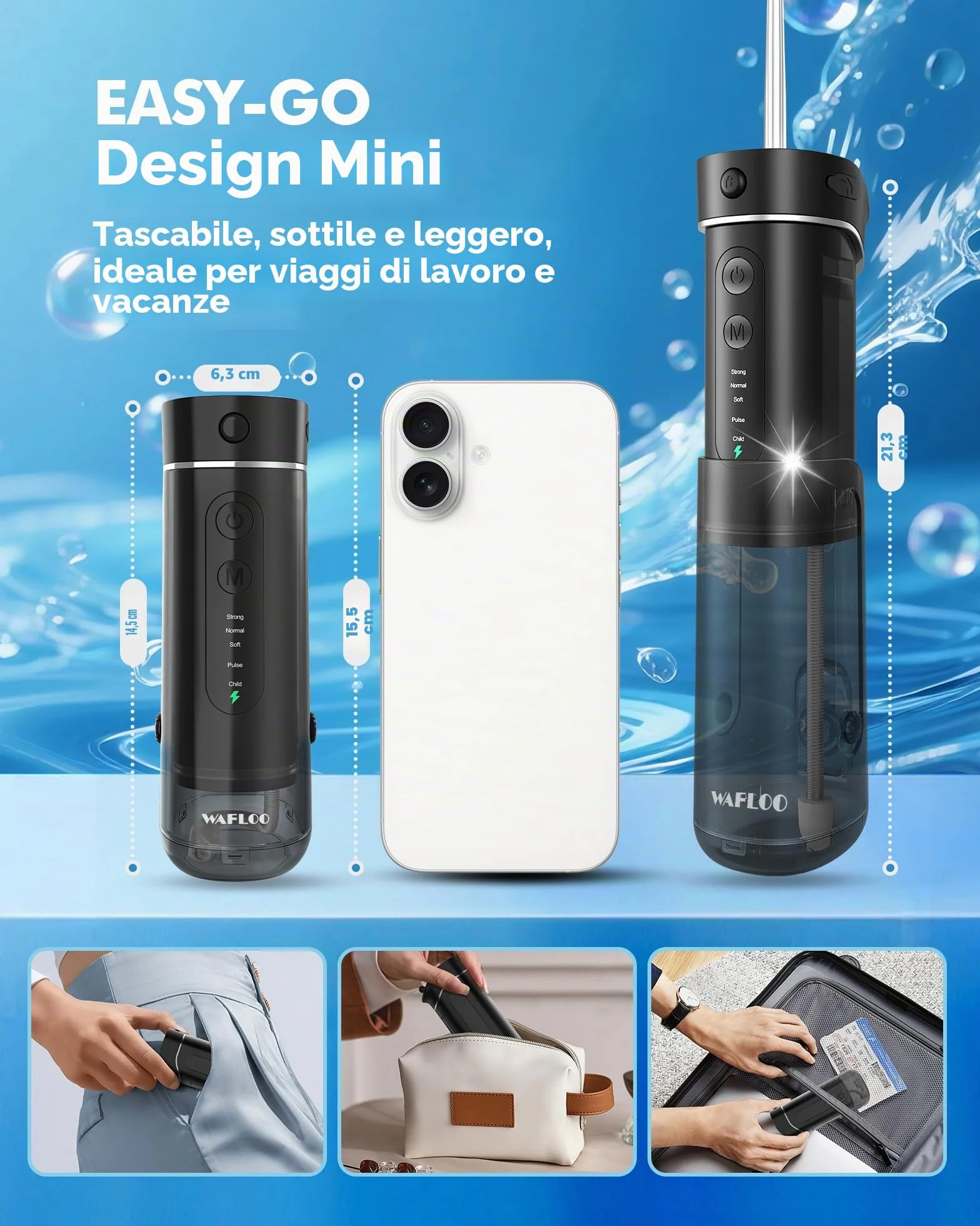 Idropulsore Dentale Portatile, 5 Modalità, Serbatoio 180ml, Impermeabile IPX7, Mini Irrigatore Orale da Viaggio, Water Flosser per Casa e Spostamenti
