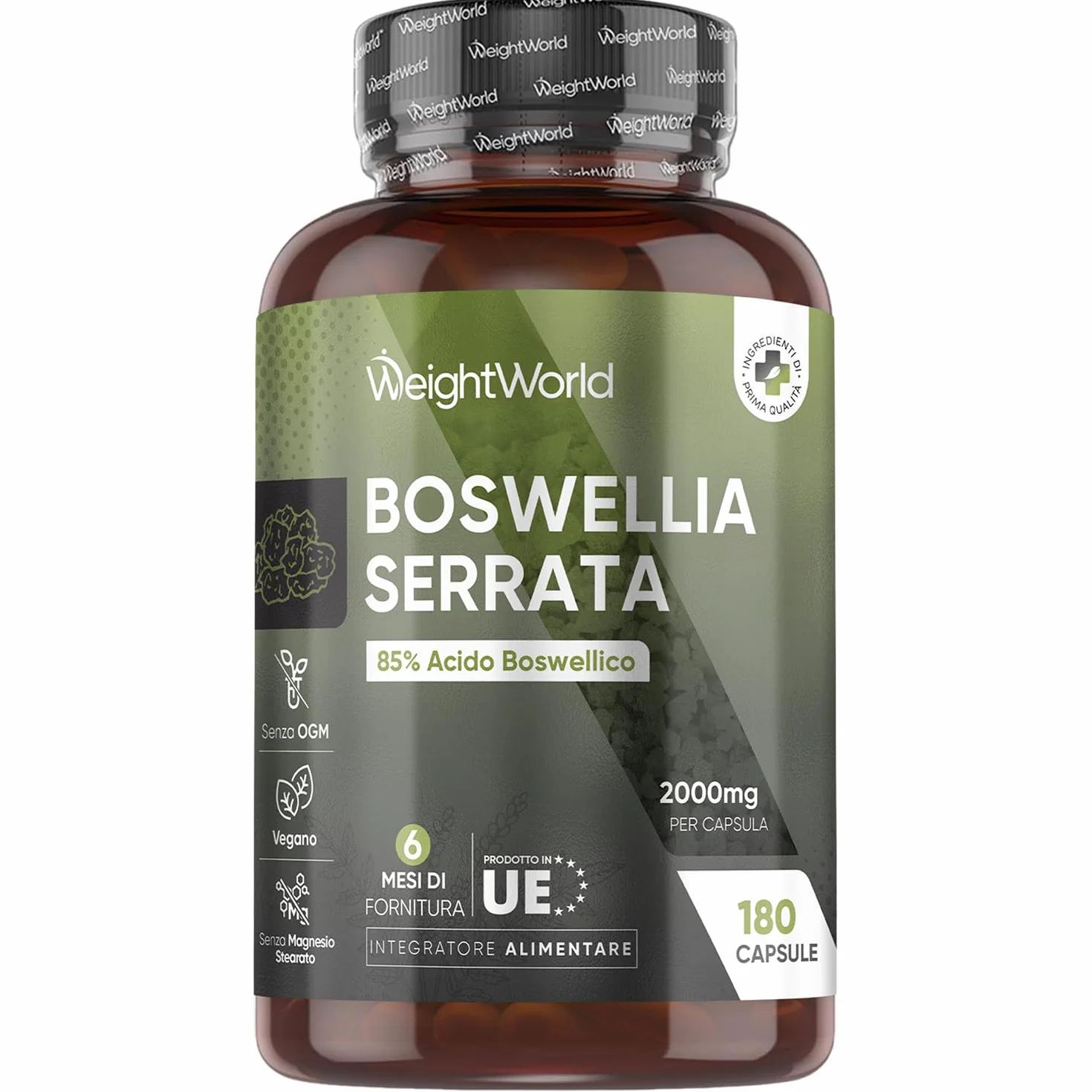 Boswellia Serrata WeightWorld, 180 Capsule Vegane (6 Mesi) da 2000mg, 85% Acidi Boswellici, Estratto 5:1, 1 Sola Capsula al Giorno, Boswellia Integratore, Senza Magnesio Stearato, Prodotto in Europa