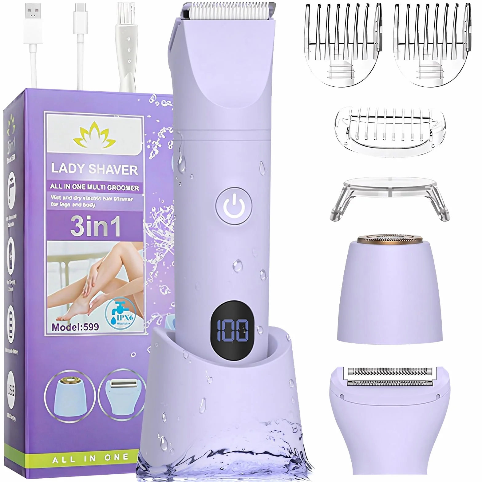 MIFXIN Rasoio elettrico 3 in 1 per donne IPX6 impermeabile bagnato asciutto epilatore bikini (viola)