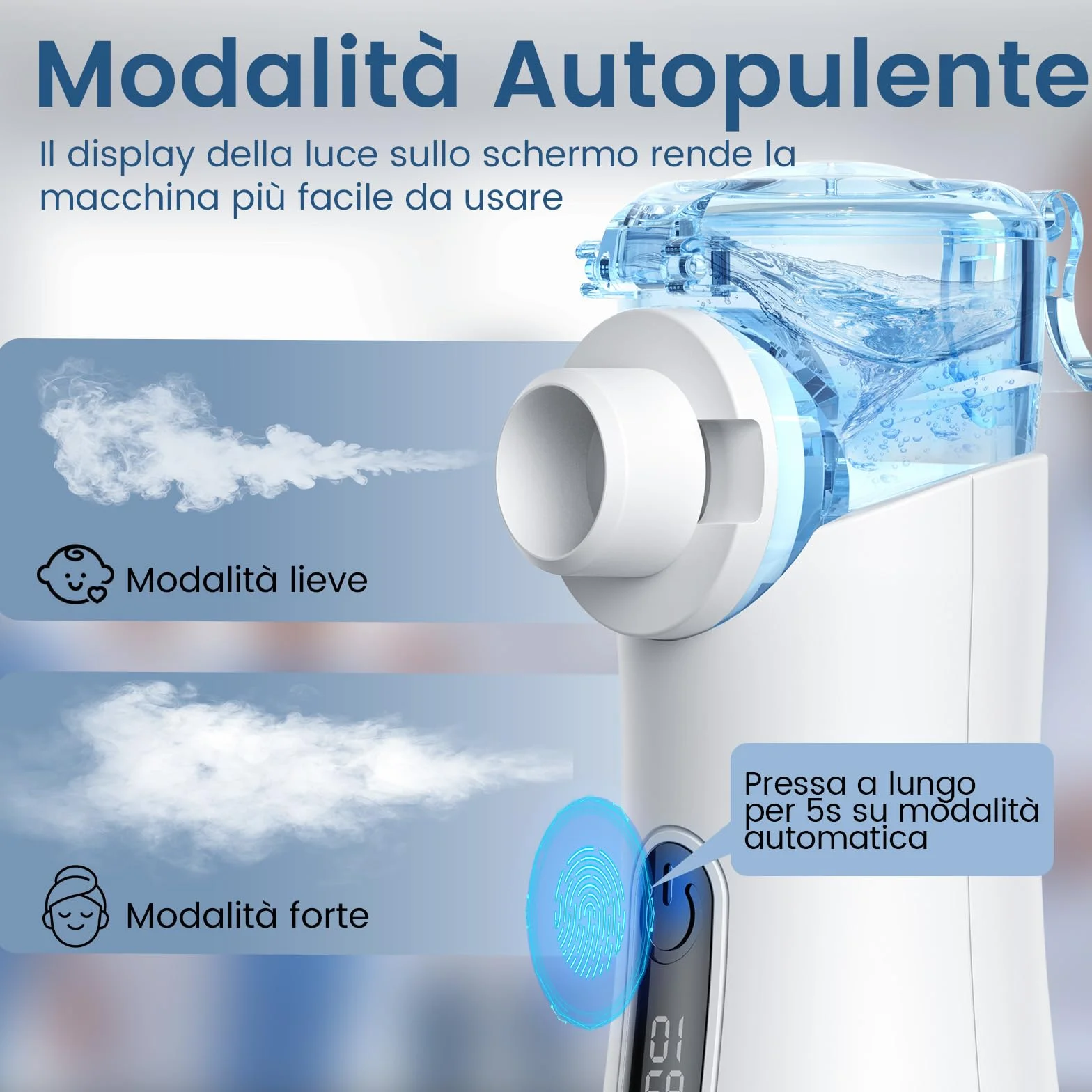 Nebulizzatore ad Ultrasuoni Portatile 85g Silenzioso 30dB 2 Modalità Display Digitale Autopulizia