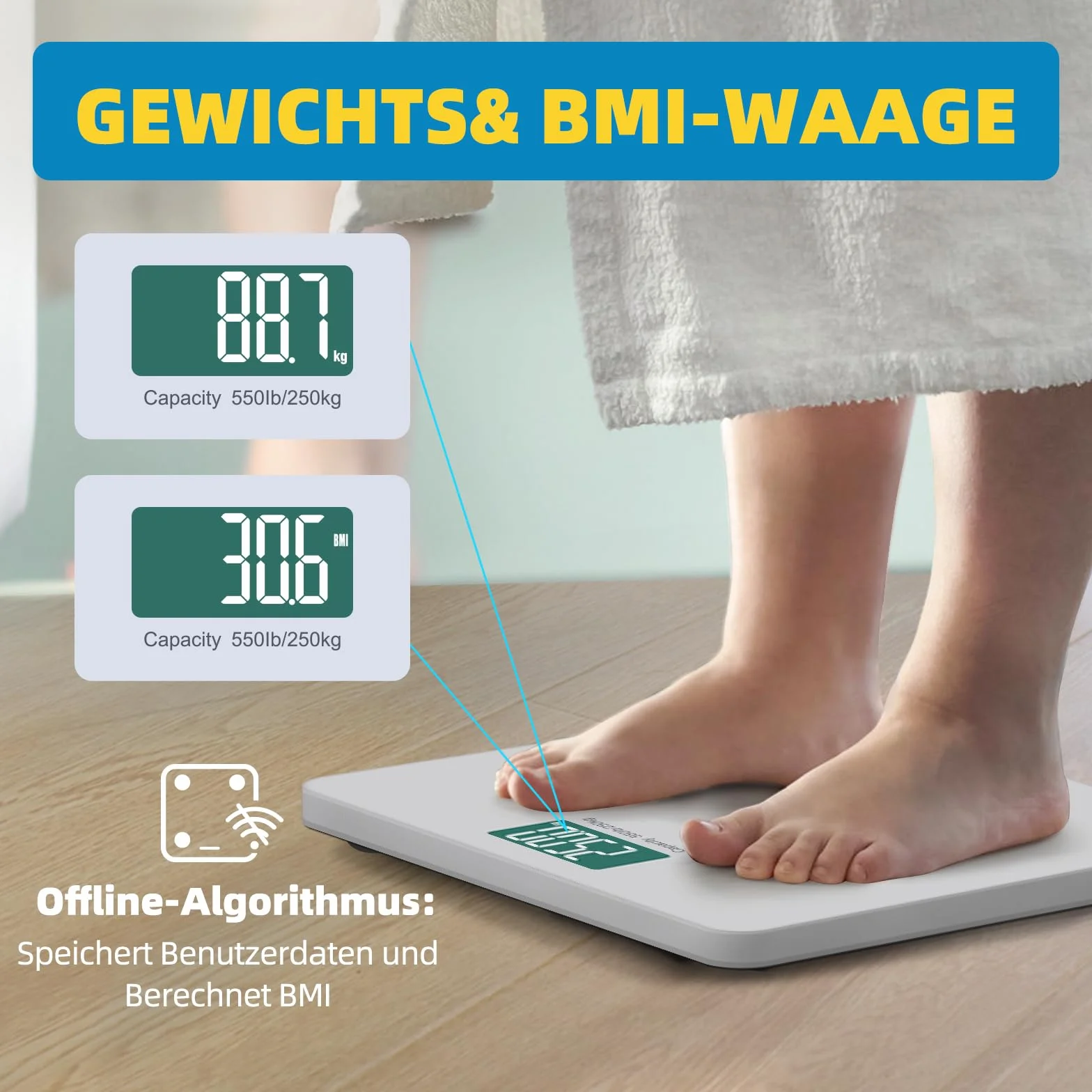 Lepulse Bilancia Pesapersone Digitale Vetro Temperato 33x30cm 250kg Bluetooth BMI