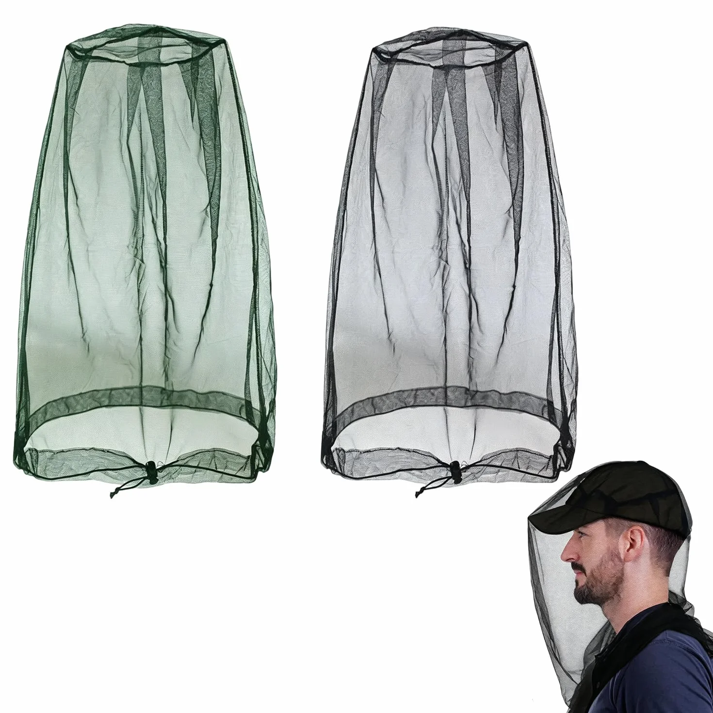 Cappello con Rete Antizanzare 46x46cm, Protezione Insetti Viso e Collo, per Pesca Campeggio Apicoltura, Nero Verde Militare
