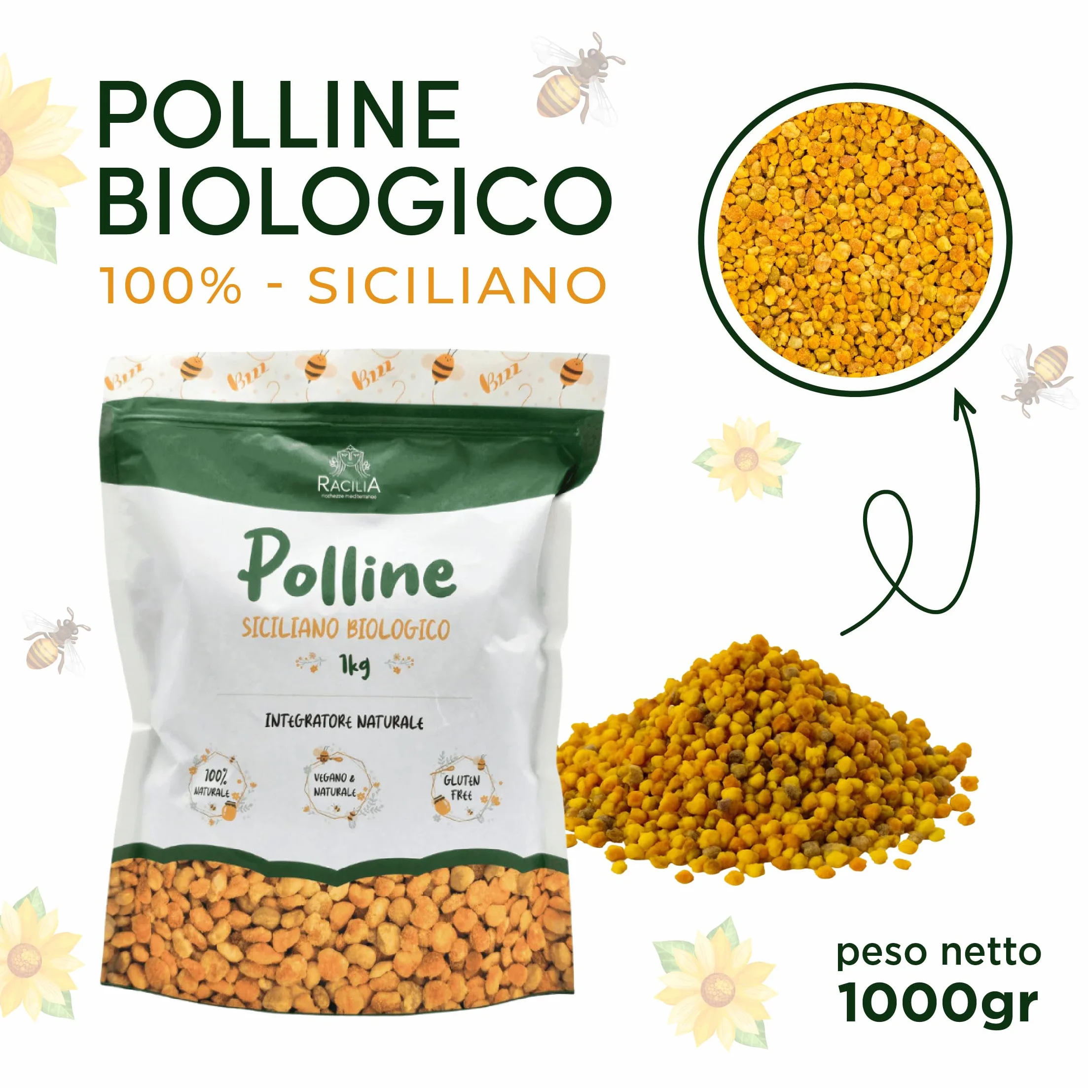 RACILIA Polline d'Api Biologico Italiano in Granuli 1kg