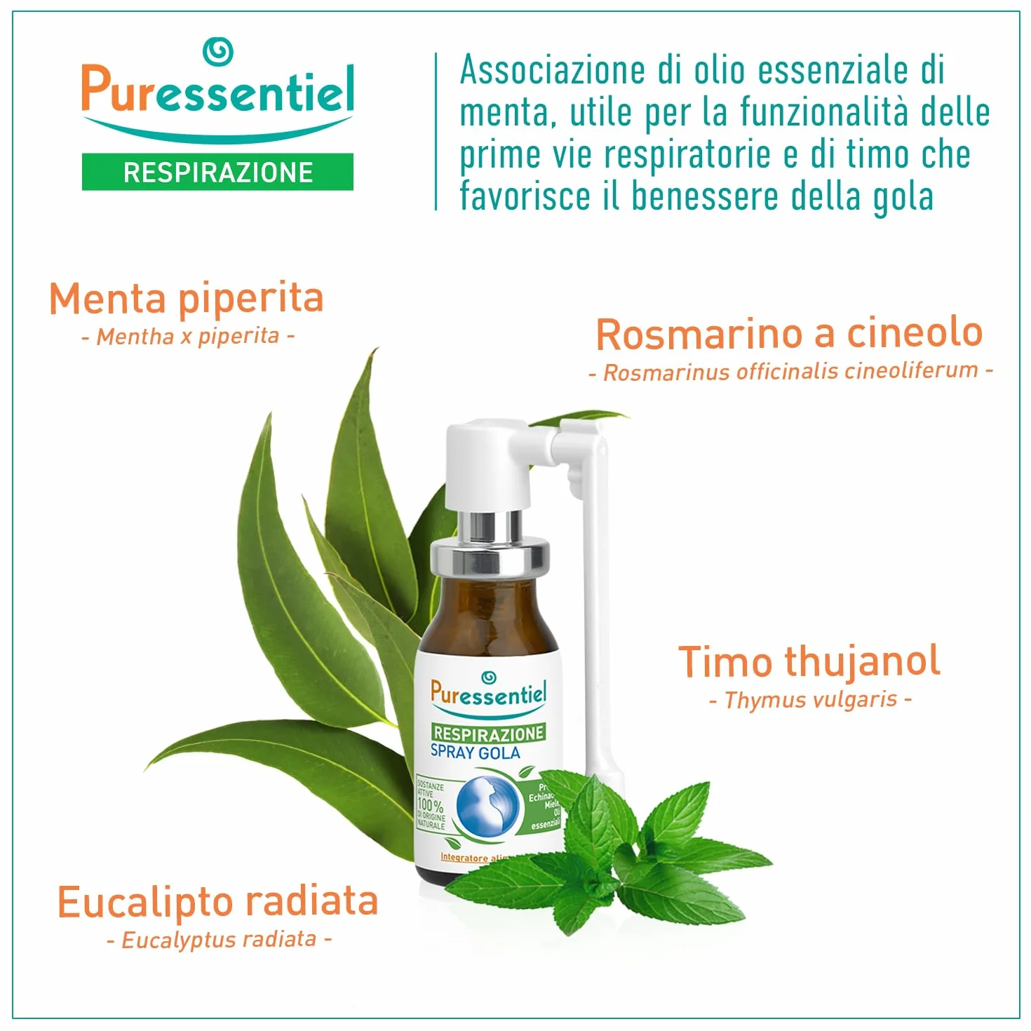 Puressentiel Respirazione, Spray Gola, Formula 100% di Origine Naturale, per il Benessere della Gola e la Funzionalità delle Prime vie Respiratorie, Vegan e Cruelty Free, 15 ml