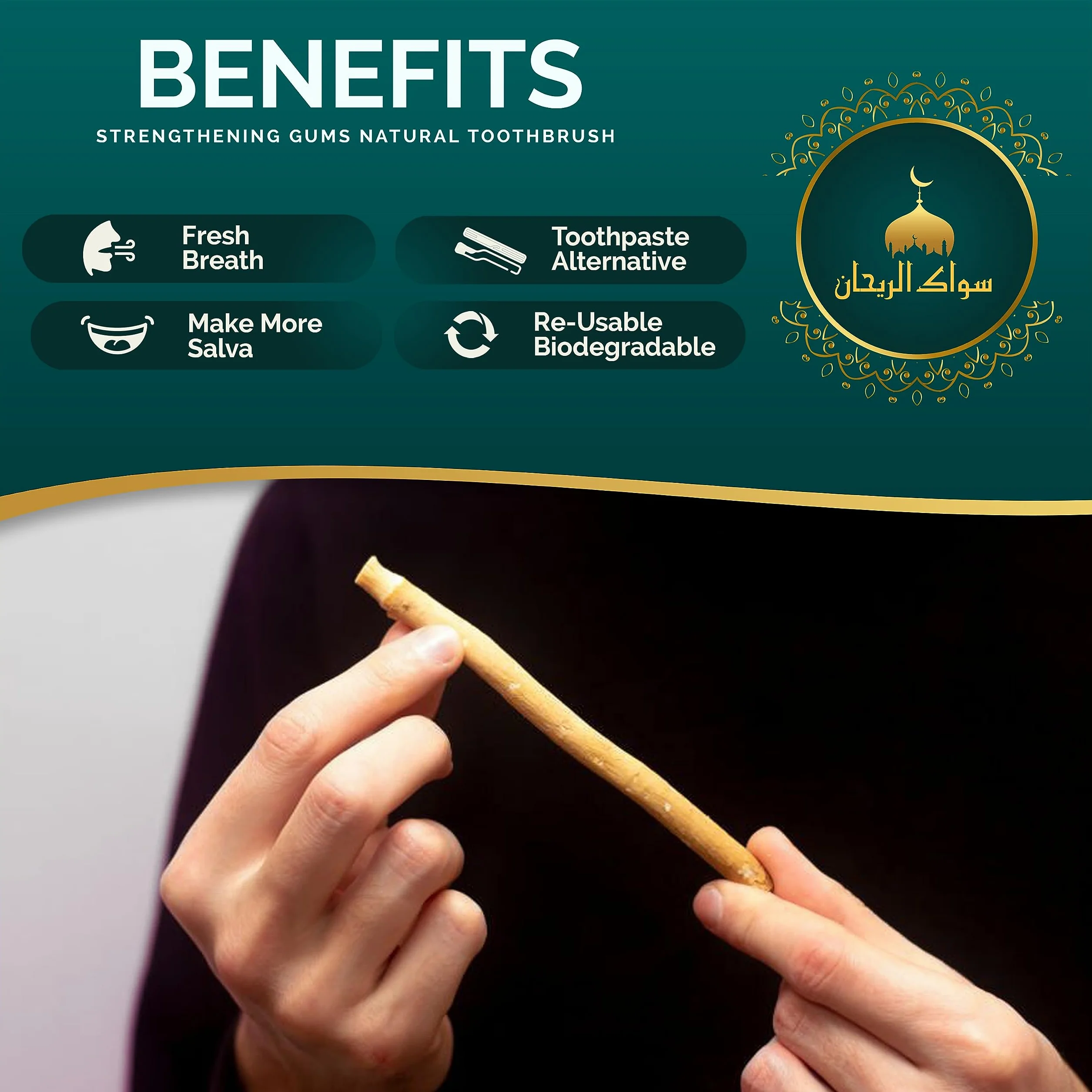 Miswak Bastoncini per la pulizia dei denti 5 pezzi con supporto - Spazzolino sigillato sapore naturale