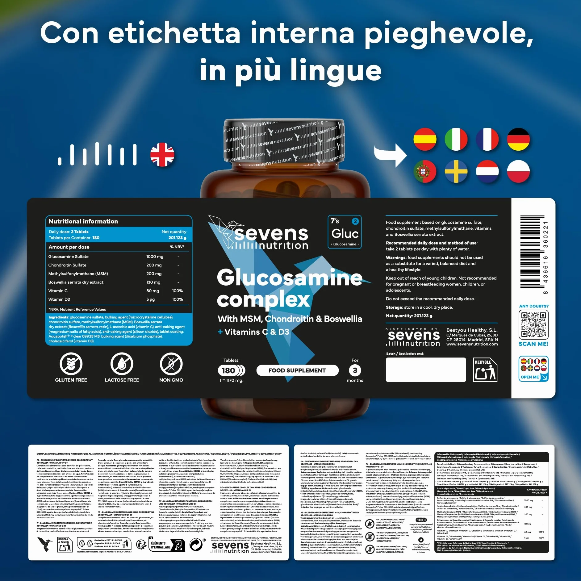 Glucosamina, Condroitina e MSM – Integratore per Articolazioni, Cartilagine e Ossa – Formula con Boswellia, Vitamine C e D3 – 180 Capsule ad Alta Densità – Sevens Nutrition