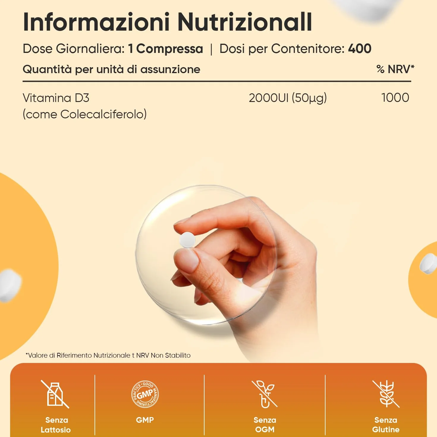 Vitamina D3 2000 UI Colecalciferolo 50mcg Vegetariana 400 Compresse 1 al Giorno Sistema Immunitario Senza Glutine