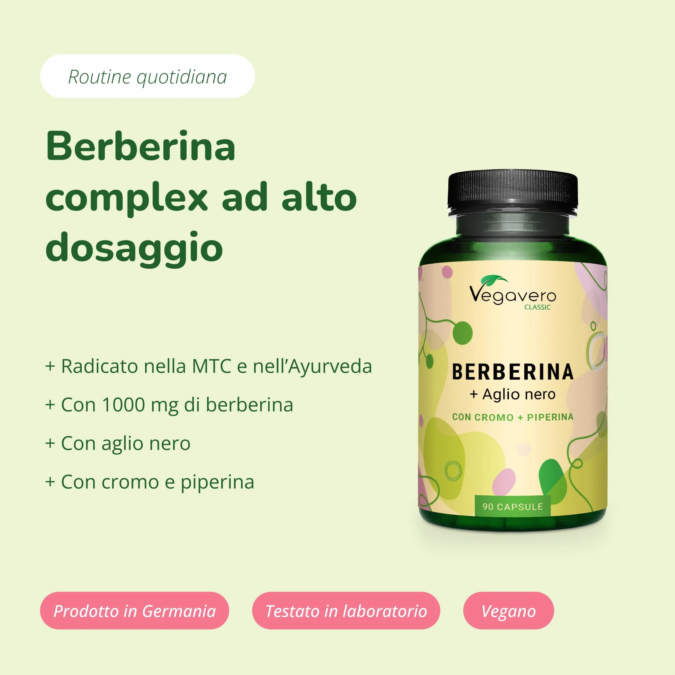 Berberina 1.000 mg | con Cromo, Pepe Nero e Aglio Nero | Berberine Pura e Naturale 97% da Berberis aristata | Vegan e Senza Additivi | Vegavero®
