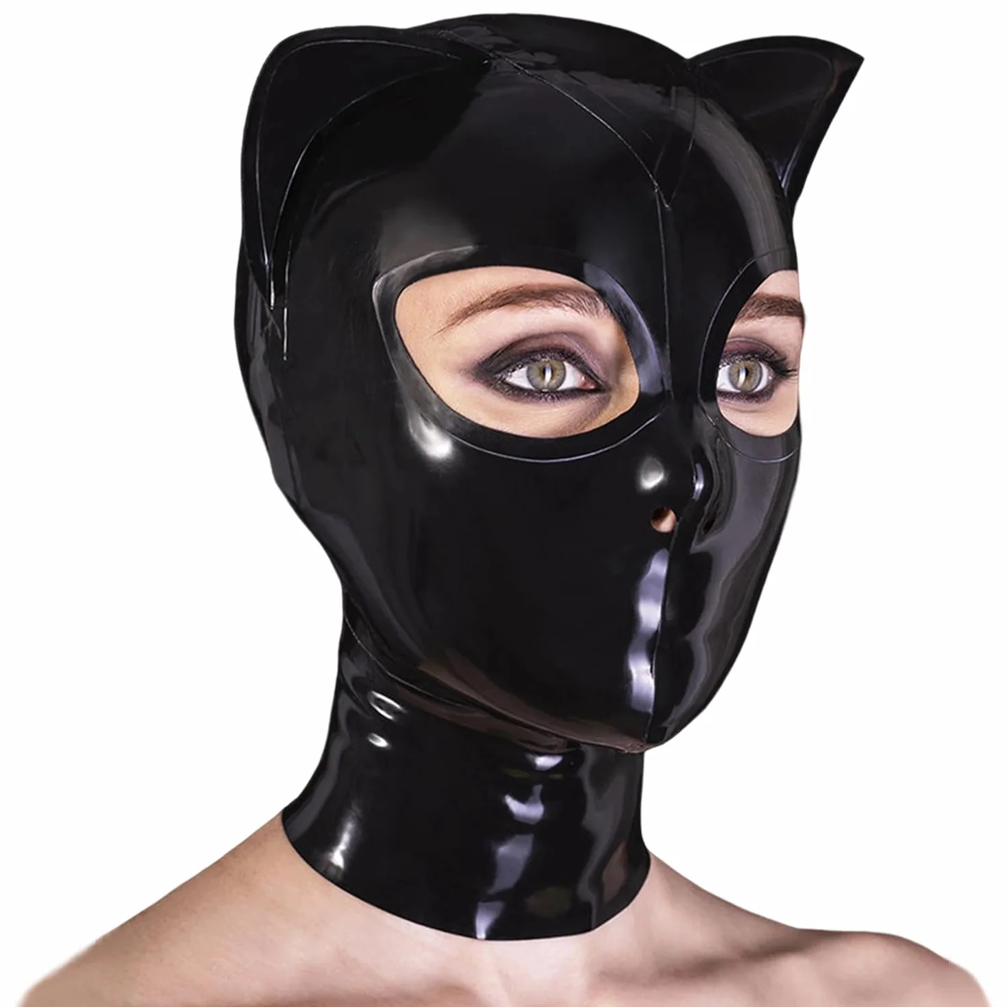 Cappuccio con Maschera da Gatto in Lattice Gomma per Cosplay con Orecchie e Cerniera Posteriore