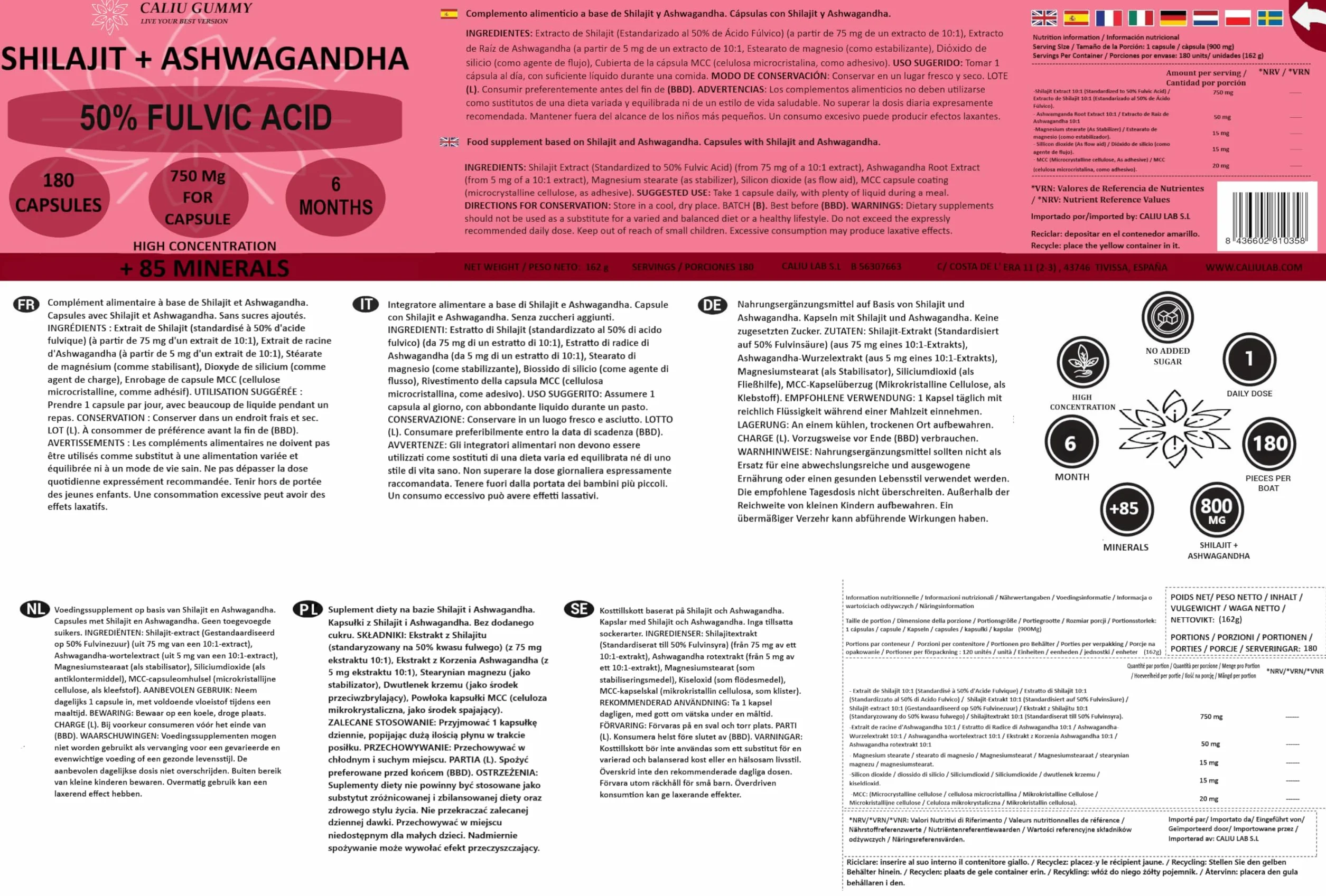 Shilajit Puro | 180 Capsule | 50% Acido Fulvico | 6 mesi | 144000mg | Con Polvere Naturale di Ashwagandha | +85 Minerali | Integratore in Compresse per Uomini con Resina Pura di Shilajit dell'Himalaya