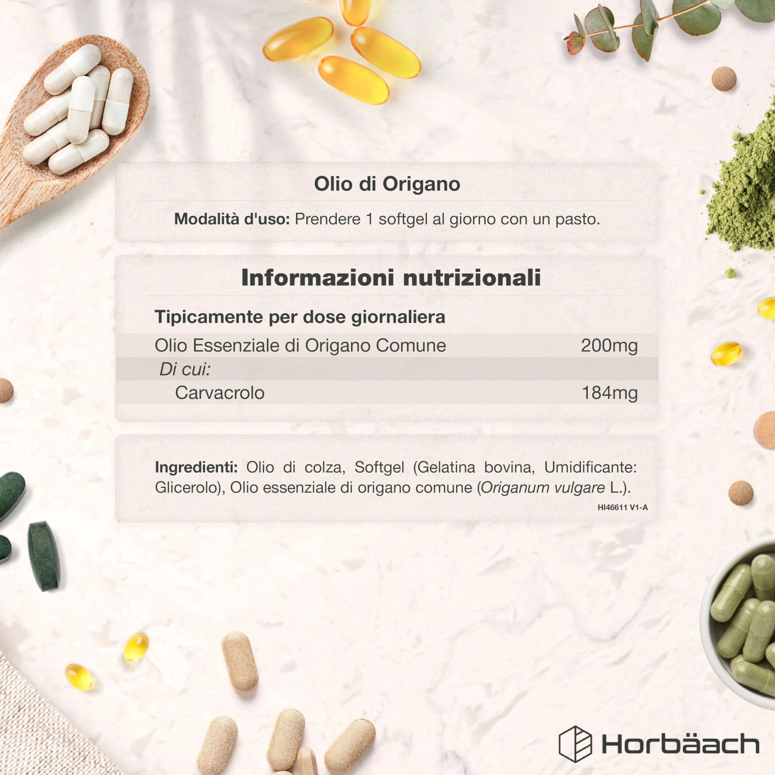 Horbaach Olio di Origano Capsule 200mg 90 Capsules 184mg Carvacrolo Alto Dosaggio