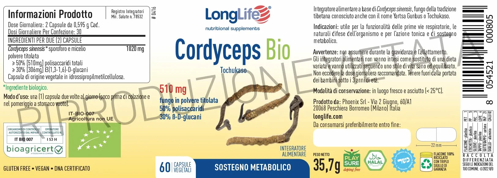 LongLife® Cordyceps Bio | DNA certificato | titolato al 50% in polisaccaridi e al 30% in β(1,3-1,6)-D-glucani | Energia e vitalità | Difese naturali | 60 capsule vegetali | Vegano e senza glutine