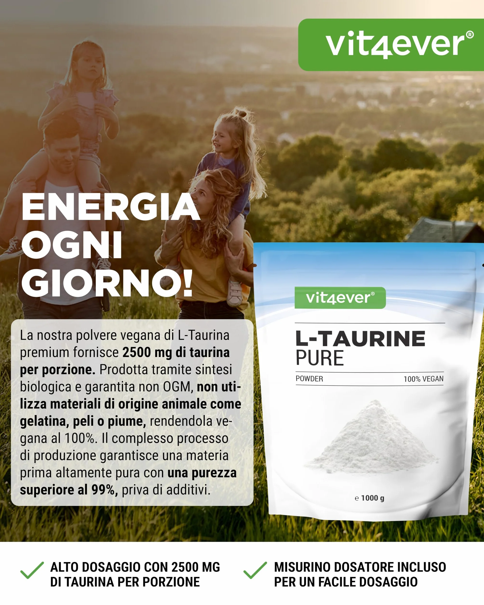 Polvere di L-Taurina 1000 g (1 kg) Vegano Purezza 99%