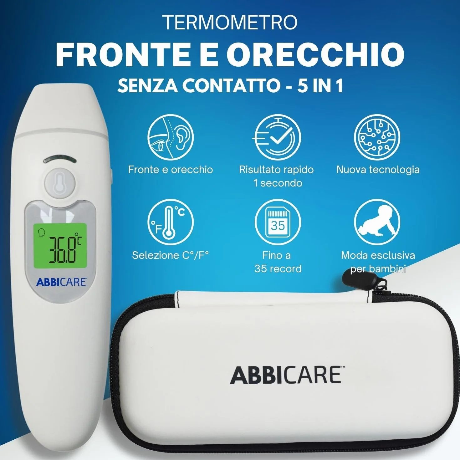Termometro febbre digitale frontale e auricolare ABBICARE™ infrarossi neonato 1 secondo