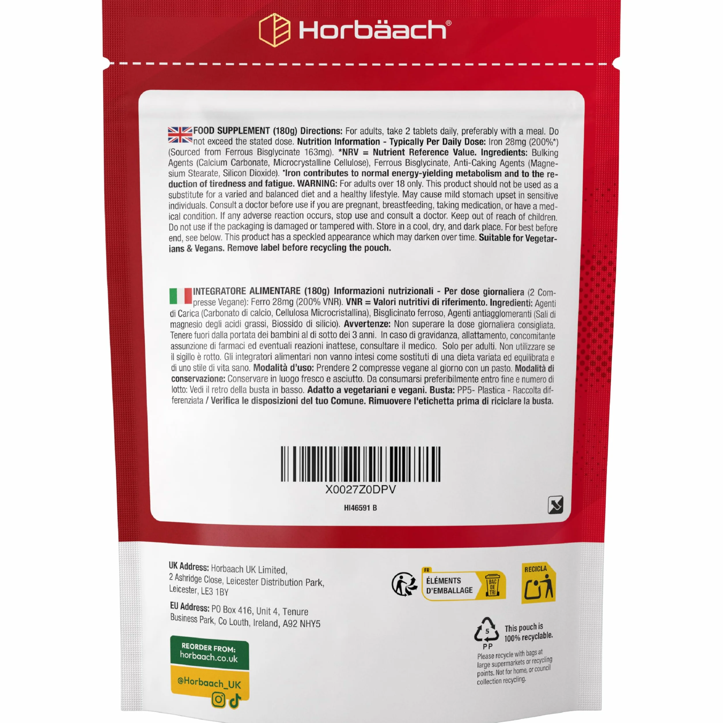 Ferro Integratore Forte 28 mg | 500 Compresse Vegane | Ferro Bisglicinato | Supporto Energetico | Gentle Iron Supplement | di Horbaach