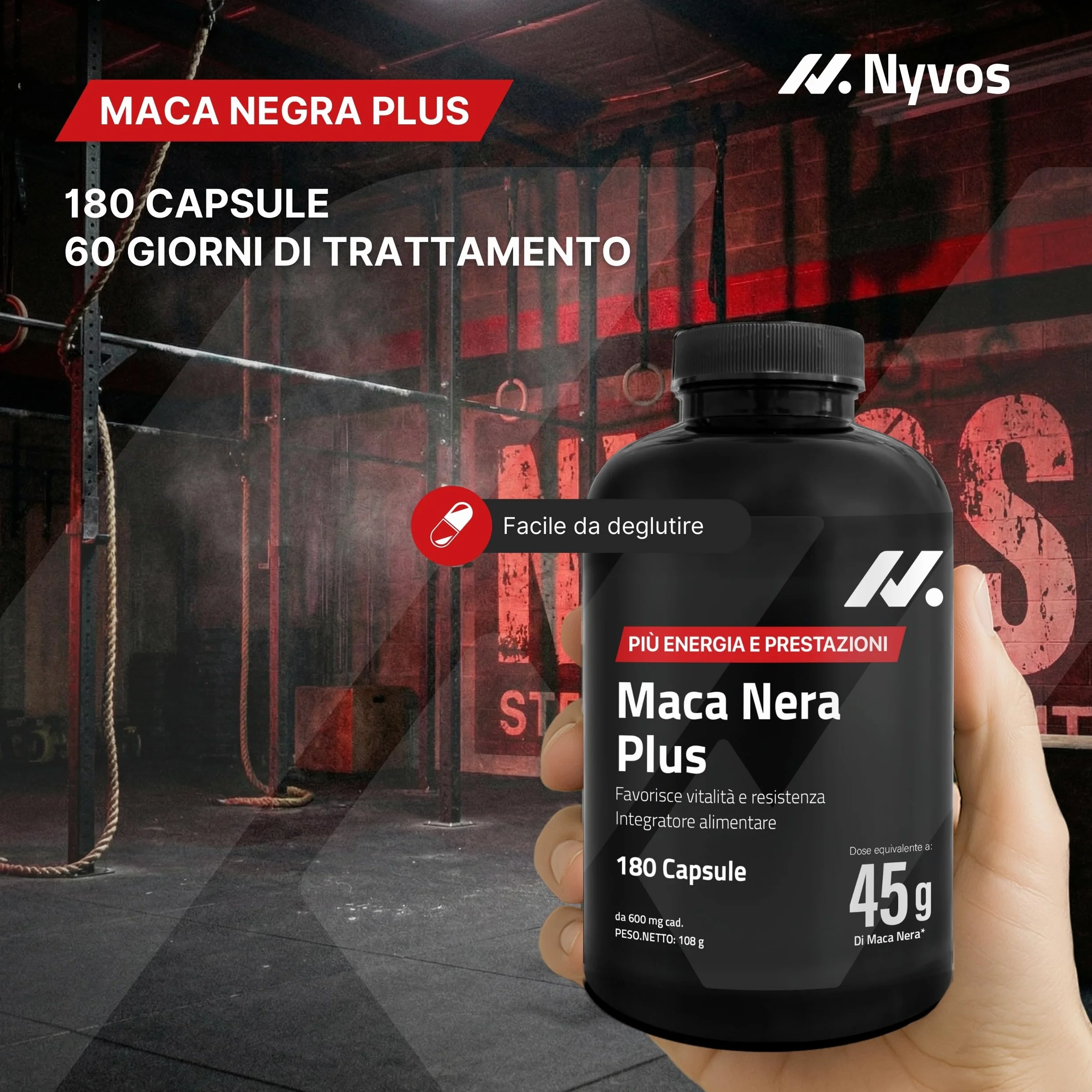 Maca Peruviana Plus – Maca Nera 45.000 mg Equivalenti (100:1), Arginina, Taurina, Vitamina B6 – Testosterone Uomo – 180 Capsule – Vegano, Senza Glutine né Lattosio – Pre workout, Energia e Muscoli