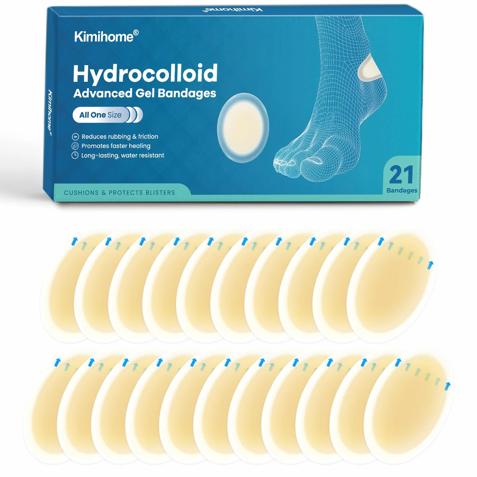 Bende idrocolloidali per vesciche piedi, 21 pezzi, adesive resistenti all'acqua per tallone e dita