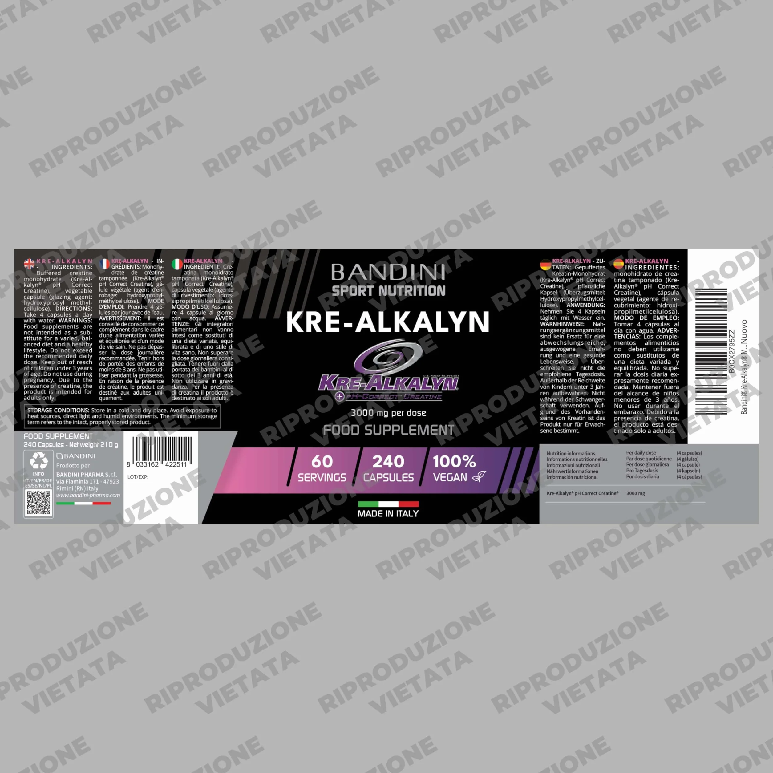 Bandini® Kre-Alkalyn® 240 capsule (Scorta per 2 Mesi) - Creatina Alcalina Tamponata per Allenamento Intenso, Sport, Palestra e Pre Post Workout - A base di Creatine Monoidrato - 100% Vegan