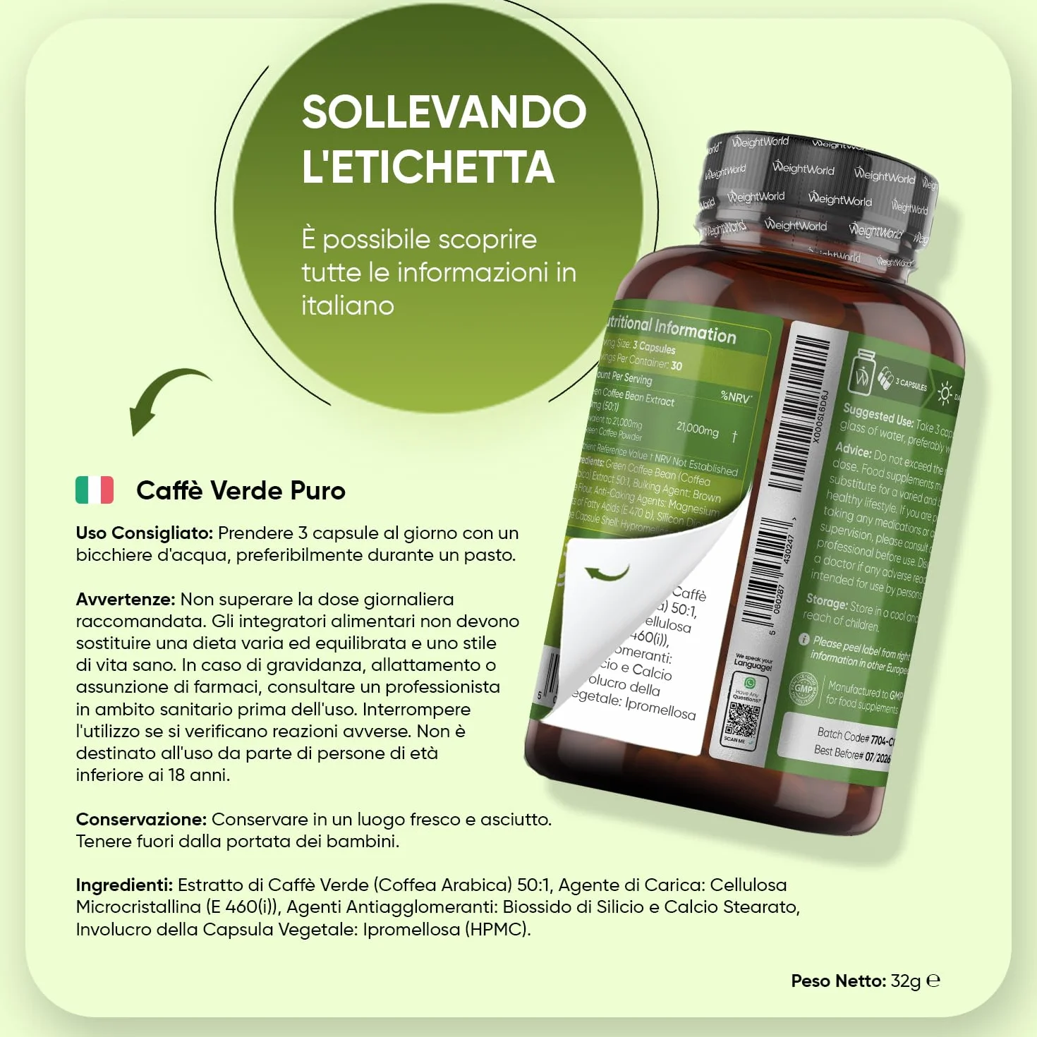 Caffè Verde Puro Vegano 21.000mg Estratto 50:1 CGA 90 Capsule Coffea Arabica Green Coffee Beans Bez OGM Prodotto Europa
