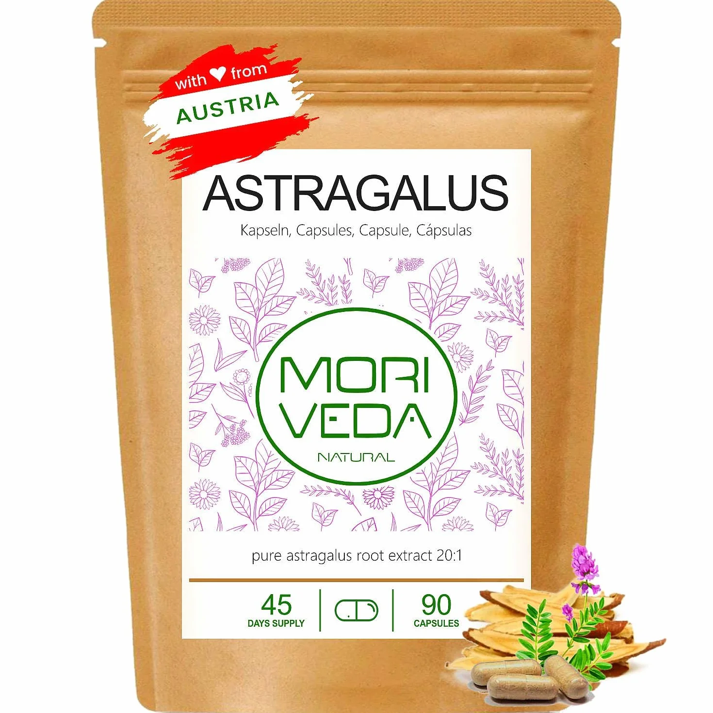 MoriVeda® Astragalus capsule 1600 mg estratto di radice di tragacanto polvere 112 mg polisaccaridi vegan senza glutine 90 capsule