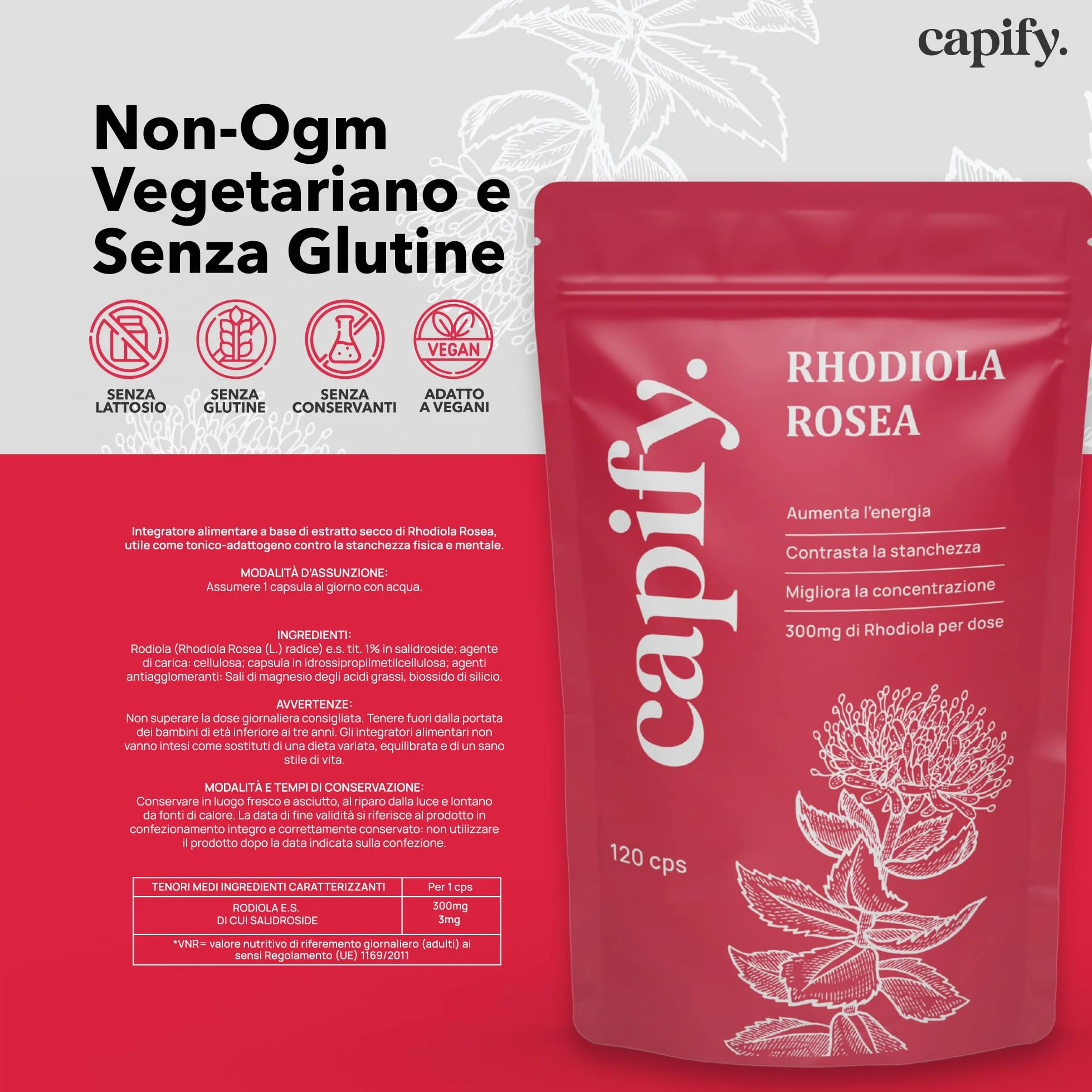 Capify. Rhodiola Rosea - Contro Stanchezza Fisica e Mentale - Estratto di Rodiola Rosea ad Alto Dosaggio - 120 capsule - Made in Italy