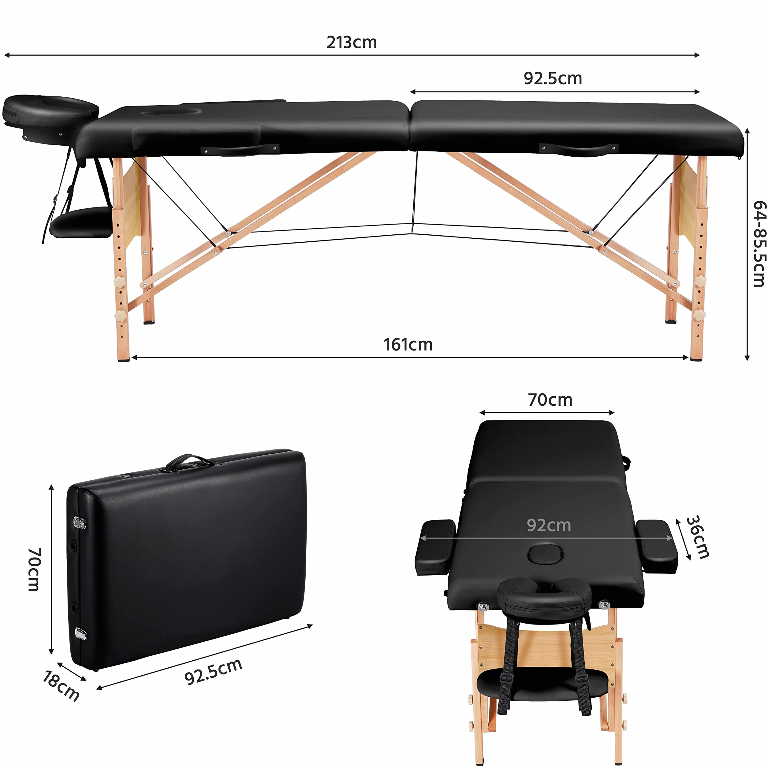 Yaheetech Lettino da Massaggio Pieghevole Portatile 2 Zone Portata 250 kg in Legno Faggio 213 x 70 cm per Fisioterapia Altezza Regolabile Poggiatesta e Briaccioli Rimovibili