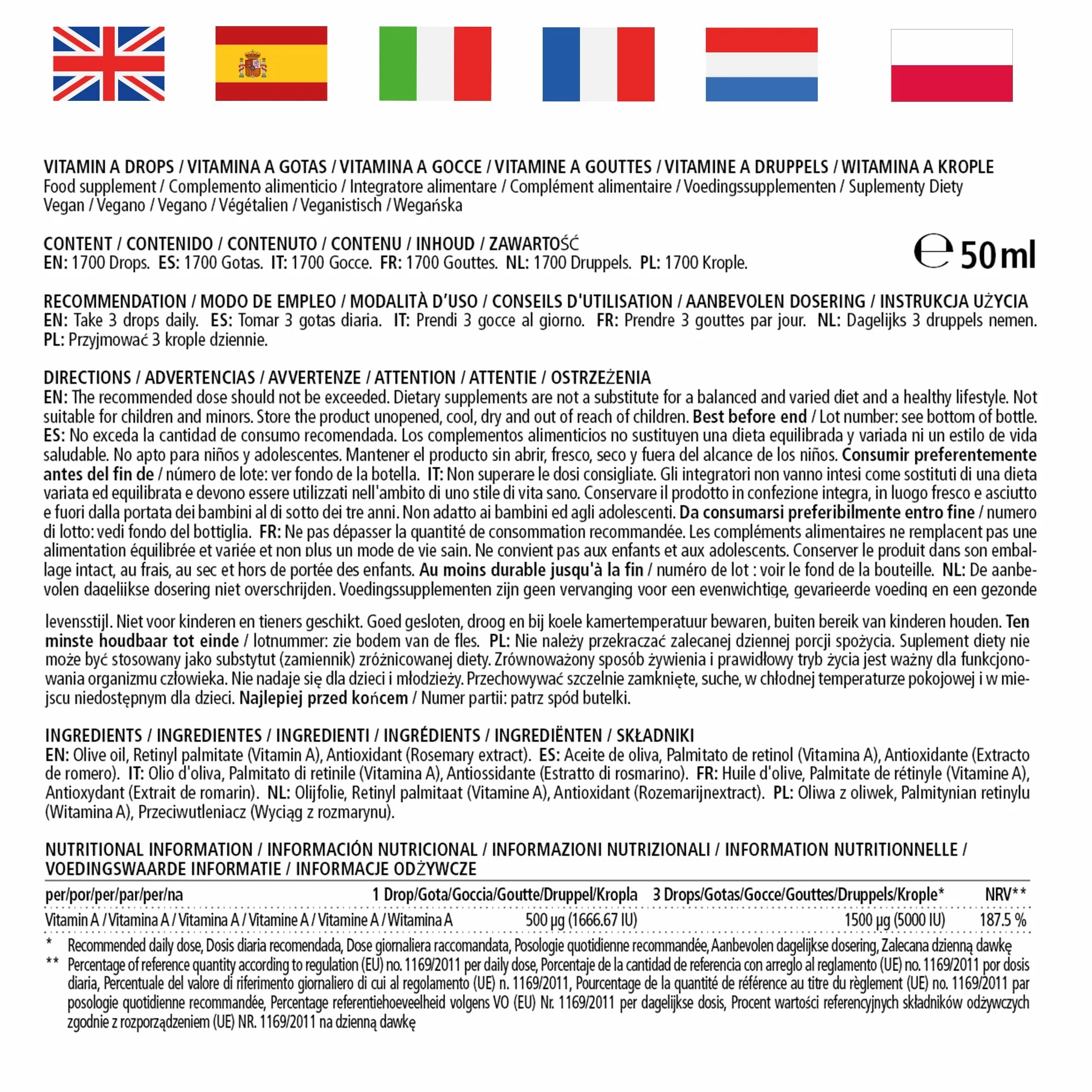 Vitamina A Gocce 5000 UI ad Alto Dosaggio per Dose Giornaliera, Retinolo Vegano & Liquido, 50 ml (1700 Gocce), Alta Biodisponibilità, Integratore Alimentare Naturale & Pura, senza Additivi