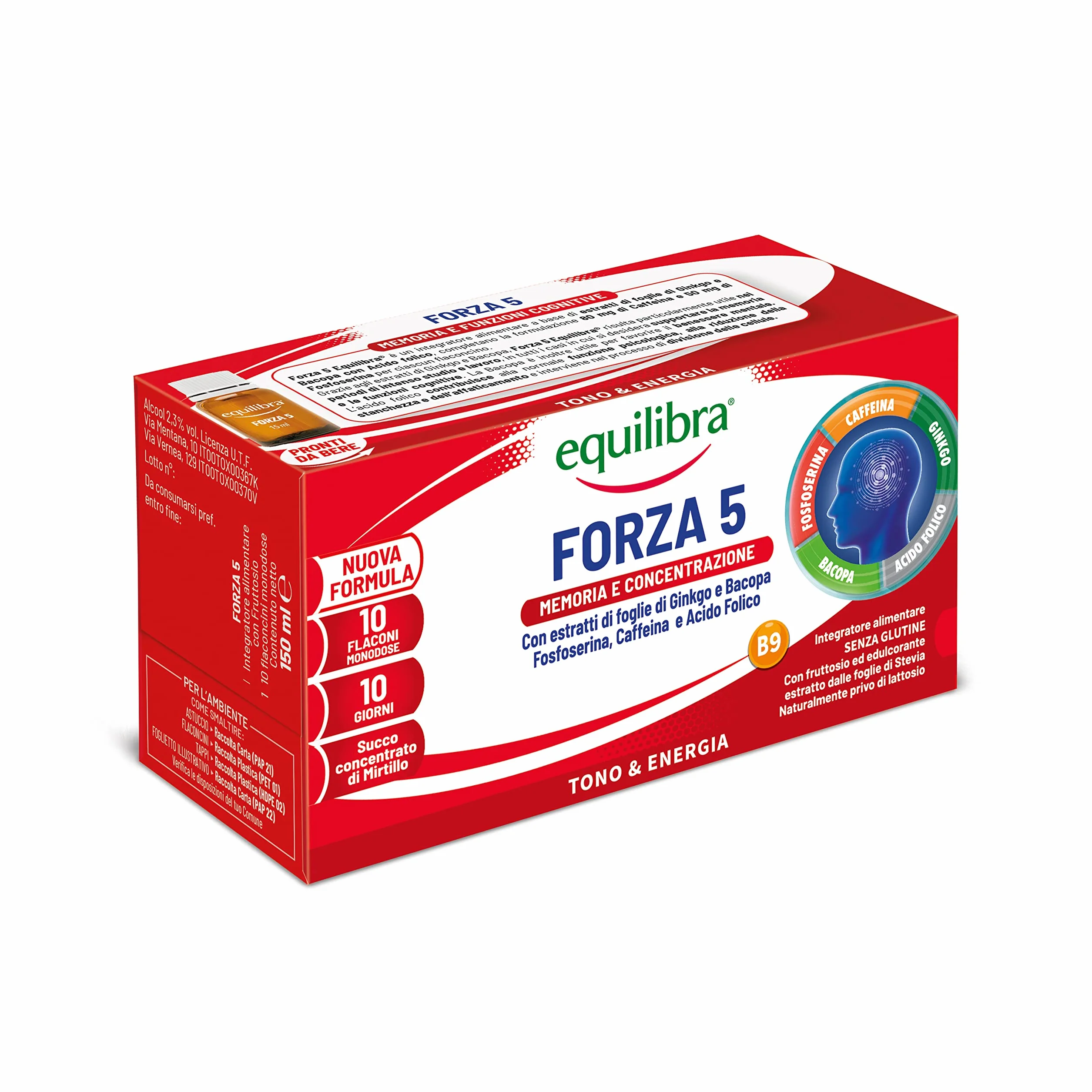 Equilibra Forza 5 Integratore Alimentare Ginkgo Bacopa Fosfoserina Caffeina Acido Folico Cola Mirtillo 10 Flaconcini