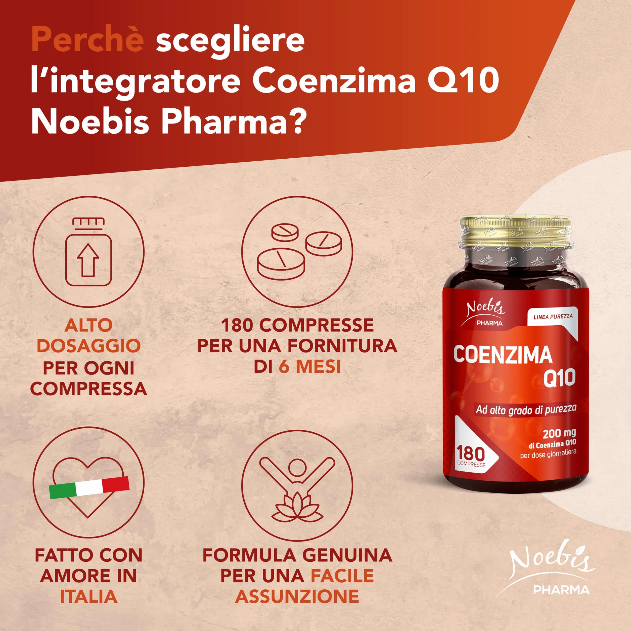 Coenzima Q10 200 mg Noebis Pharma – Alto Grado di Purezza – 180 Compresse – Integratore Q10, Vitalità ed Energia Cellulare – Supporto al Benessere – Made in Italy