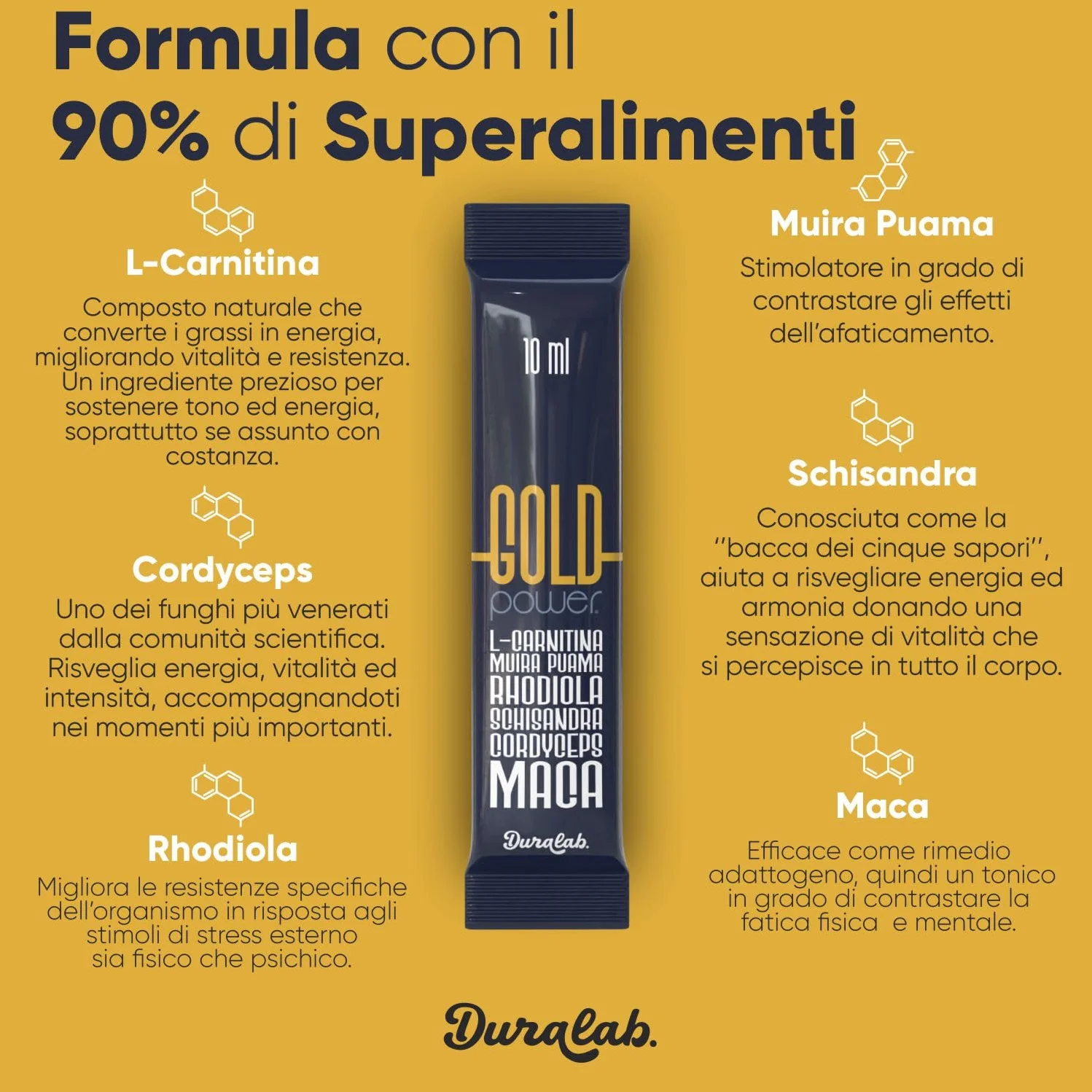 GOLD POWER Integratore Uomo con Maca 200 ml, Muira Puama, Cordyceps, Rhodiola, Schisandra, L-Carnitina Made in Italy – Supporto Energia, Vitalità e Tono Fisico (1 Pezzo)