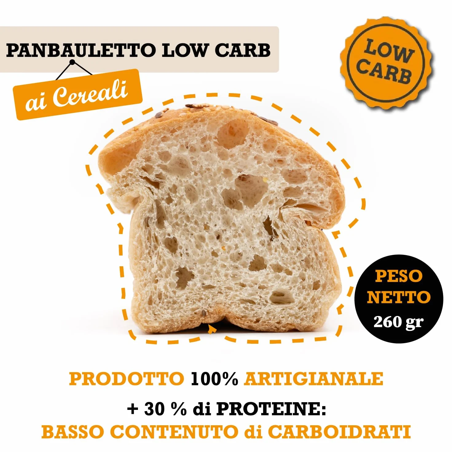 Bolle di pasta® Pan Bauletto ai Cereali – Pane Low Carb ad Alto Contenuto Proteico, +30% Proteine, Solo 2,3g Carboidrati – 100% Artigianale e Naturale-260g-Per Dieta Chetogenica, Fitness (1 Unità)