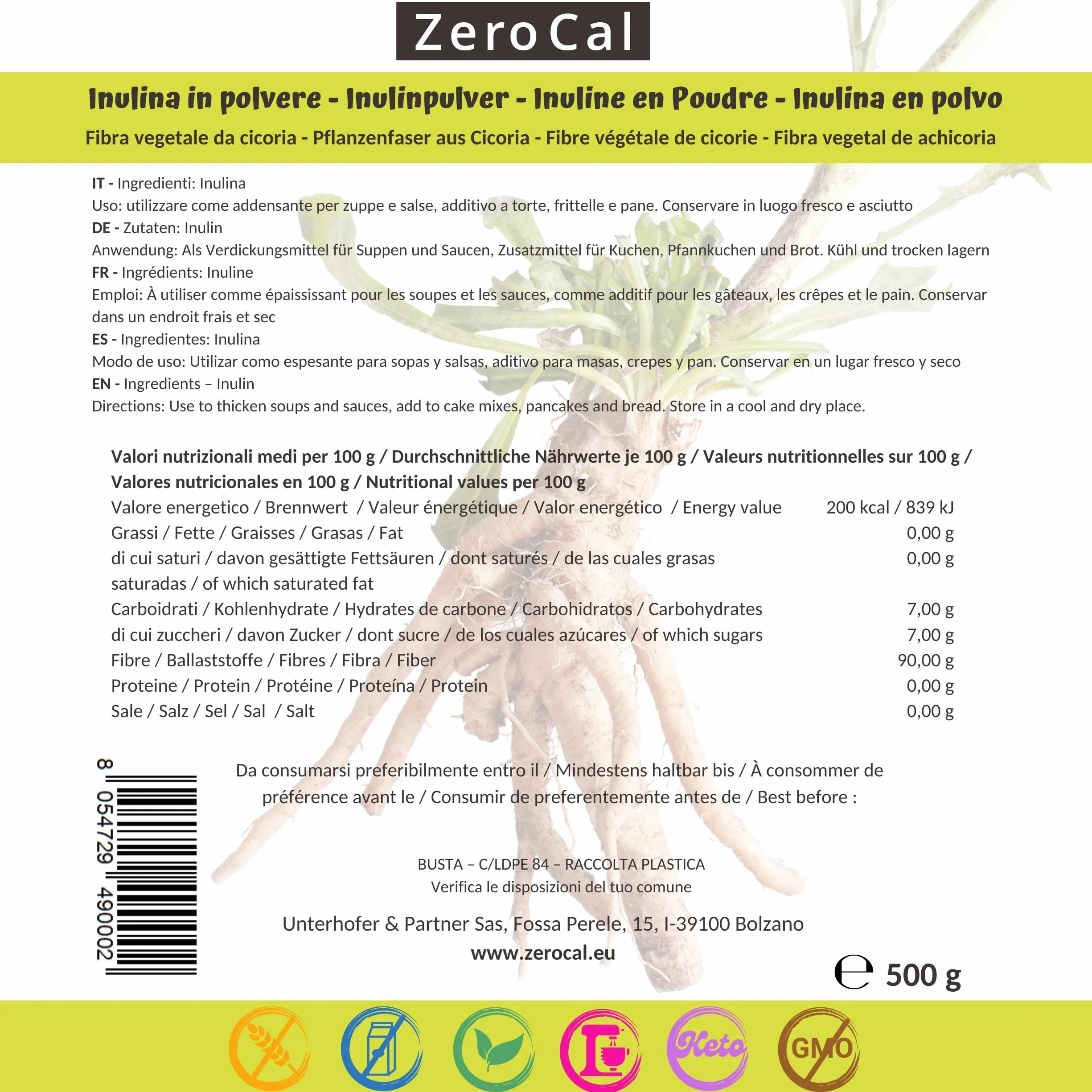 ZeroCal - Inulina da Cicoria in Polvere Pura 500g | Fibra Vegetale Prebiotica da Radici di Cicoria | Basso Contenuto Calorico | Provenienza Germania