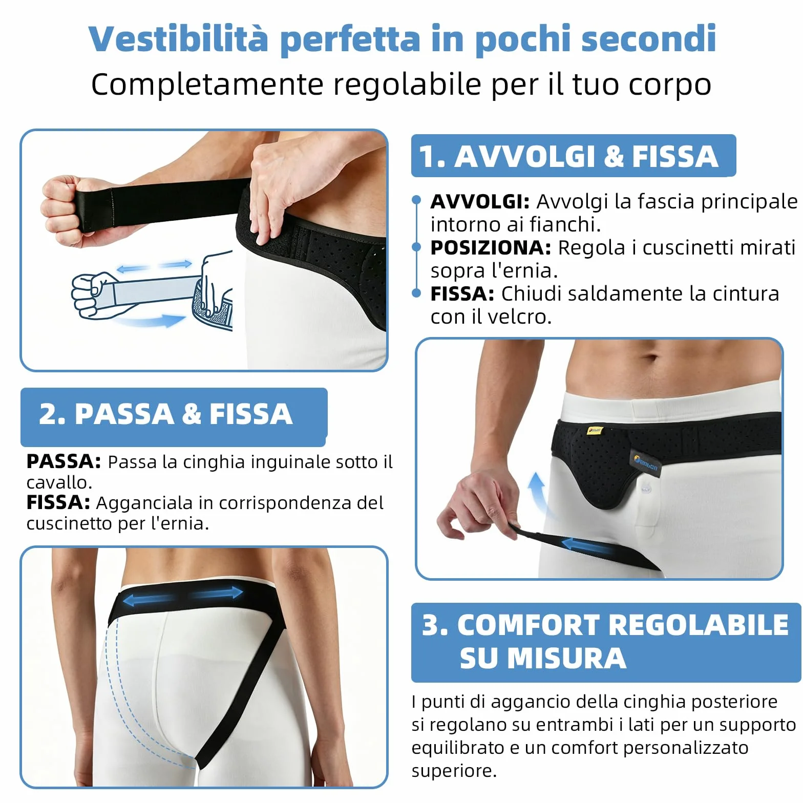 Tenbon Cintura per ernia per uomini e donne Cintura per ernia regolabile flessibile Supporto per ernia Sollievo dal dolore con cuscinetti di compressione rimovibili Ernia sinistra e destra (L, Black)