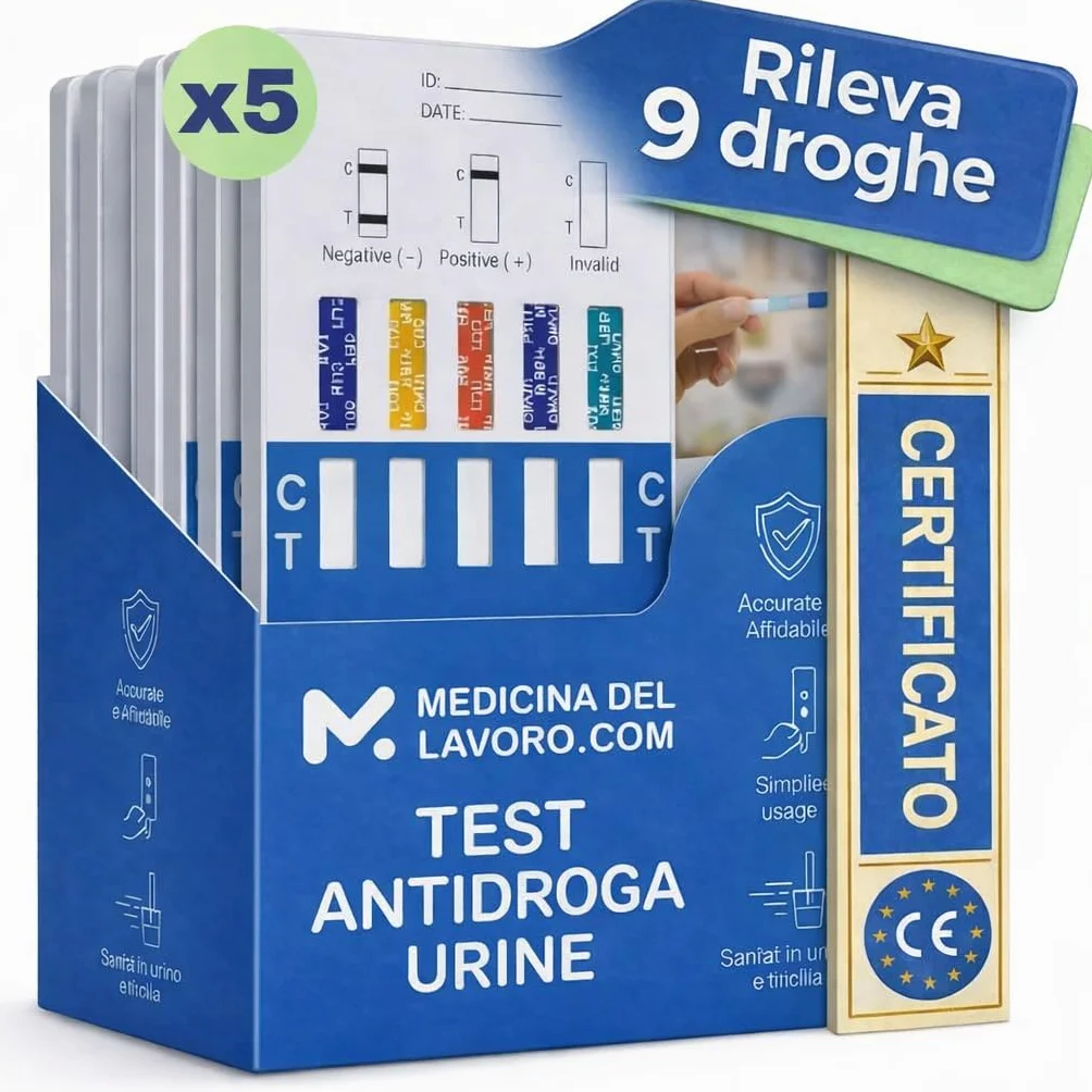 Drug Test 5 Test Antidroga Urine 9 in 1 Cocaina Cannabis Oppiacei Metadone Ecstasy Anfetamine Metanfetamine Crack Eroina Benzodiazepine Buprenorfina