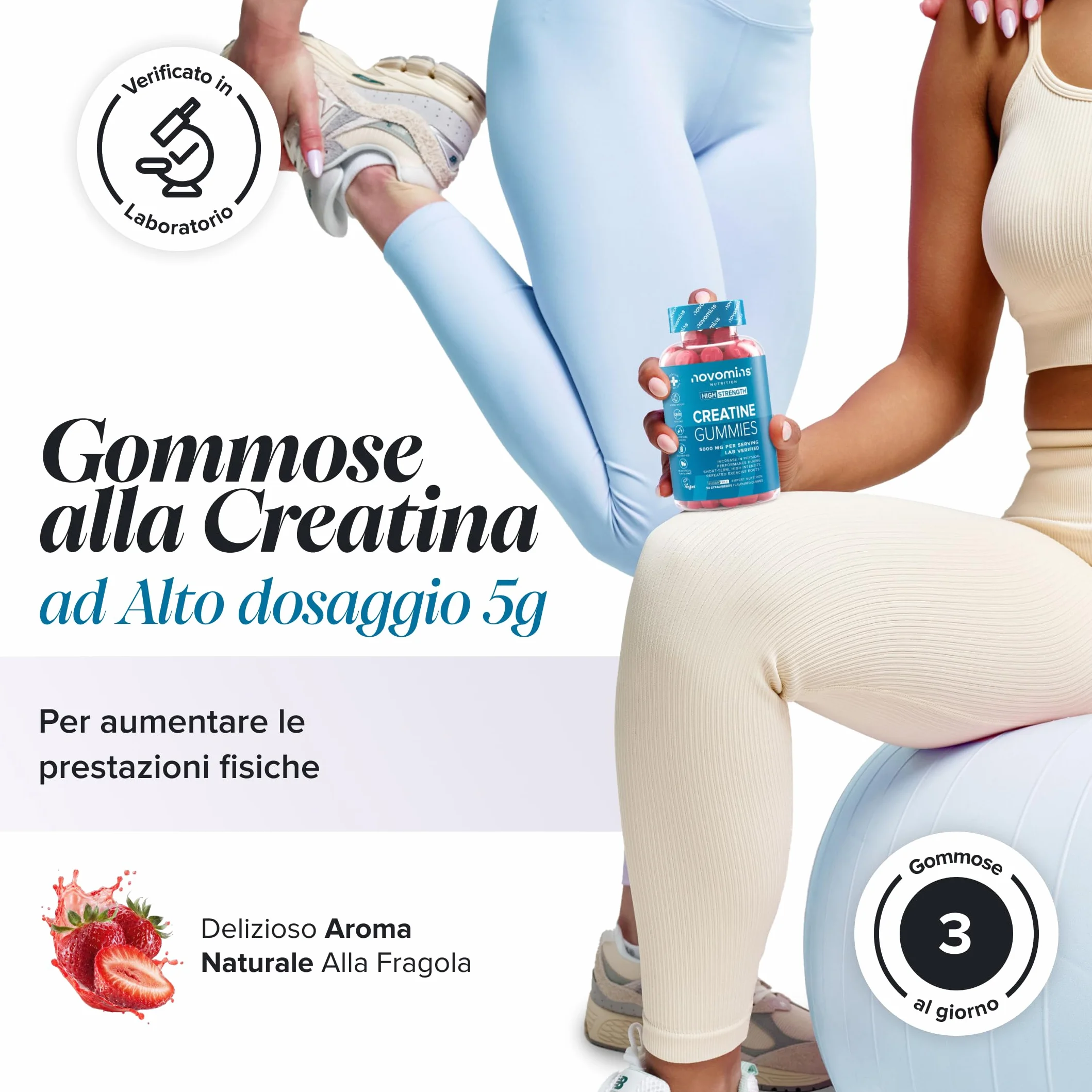 Creatina Monoidrata Gommose – 5000 mg per Porzione ad Alta Forza – Aumenta le Prestazioni Fisiche – Alternativa a Polvere, Compresse e Capsule – Vegana, Gusto Fragola – 90 Gommose – Novomins