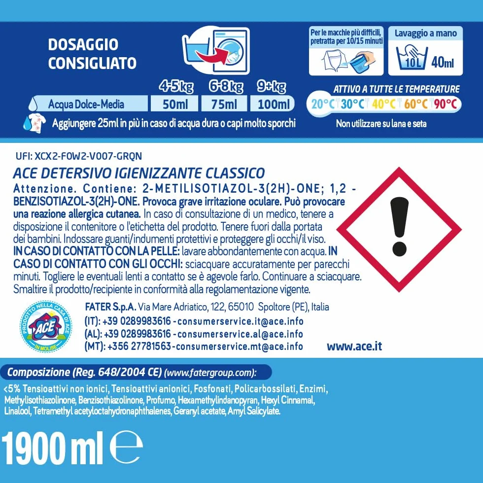 ACE Detersivo Igienizzante Classico – Detersivo Liquido Lavatrice, Rimuove Macchie e Sporco, Igienizza Tessuti, Bucato Pulito e Fresco anche a Freddo, Formula Efficace e Profumo Duraturo, 152 lavaggi