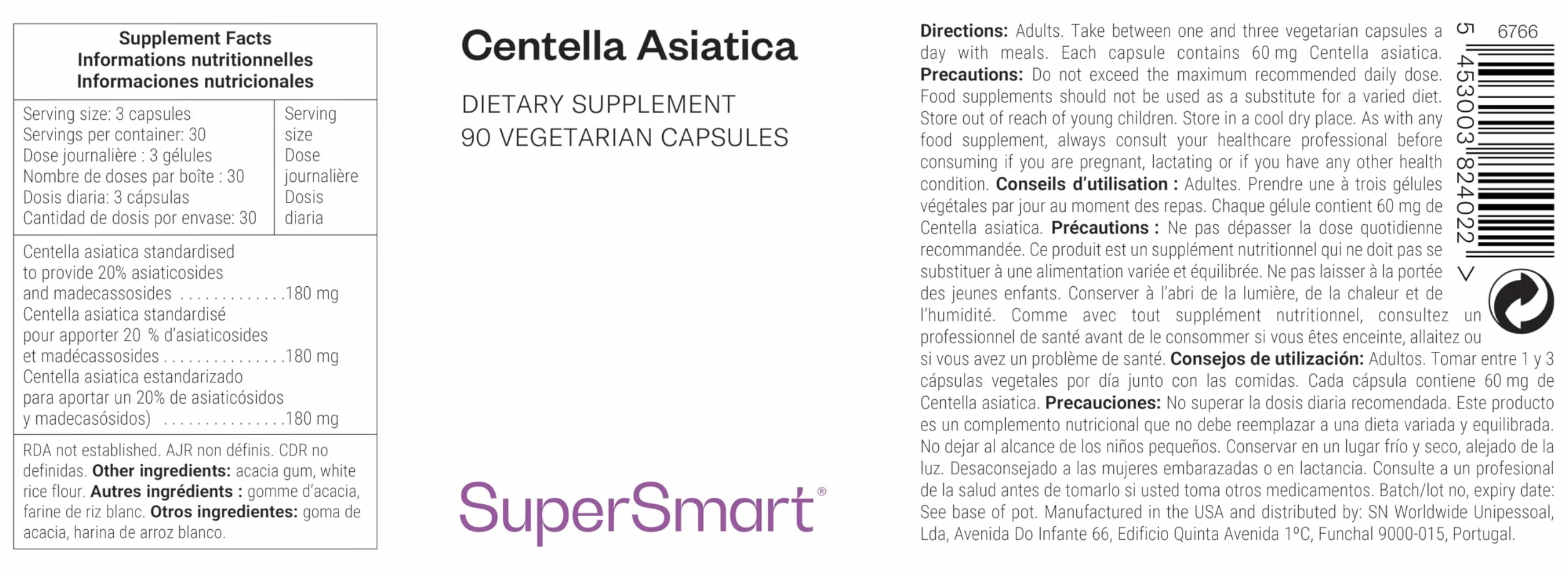 Supersmart Centella Asiatica Erba della Tigre Benessere Mentale Riduce Stress Sistema Immunitario Vegano Senza Glutine