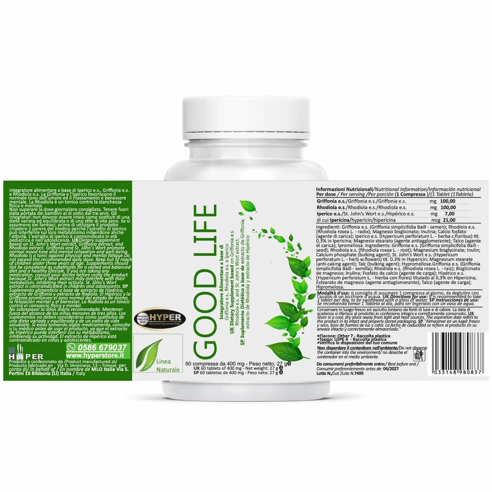 Hyper Good Life 60 Cpr - Integratore Alimentare Con Iperico Erba di San Giovanni, Griffonia e Rodiola Rosea - Riduce lo Stress e Favorisce un Naturale Stato di Serenità e Benessere